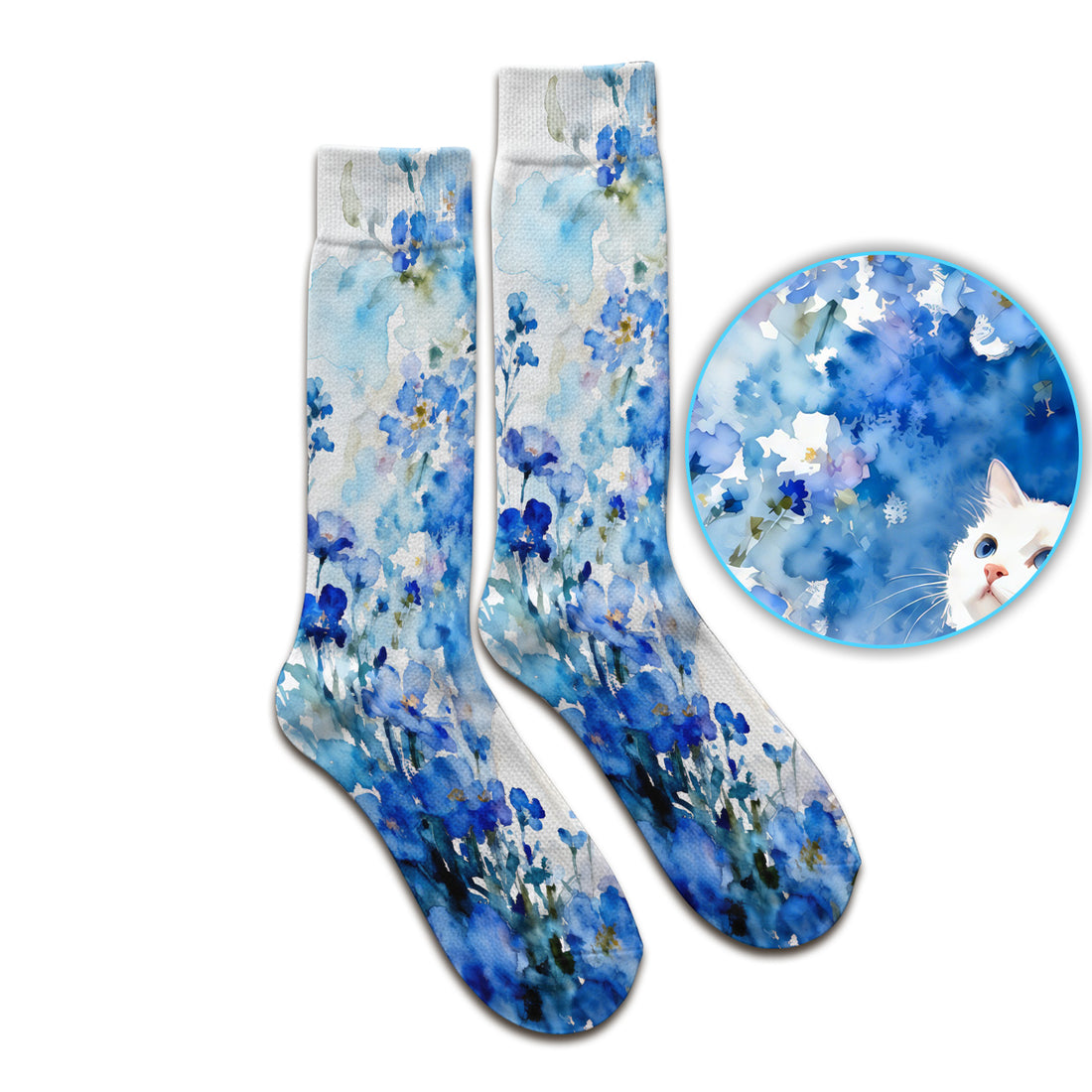 Adorable Blue Floral White Cat Pattern Socks, Adult Socks for Men and Women