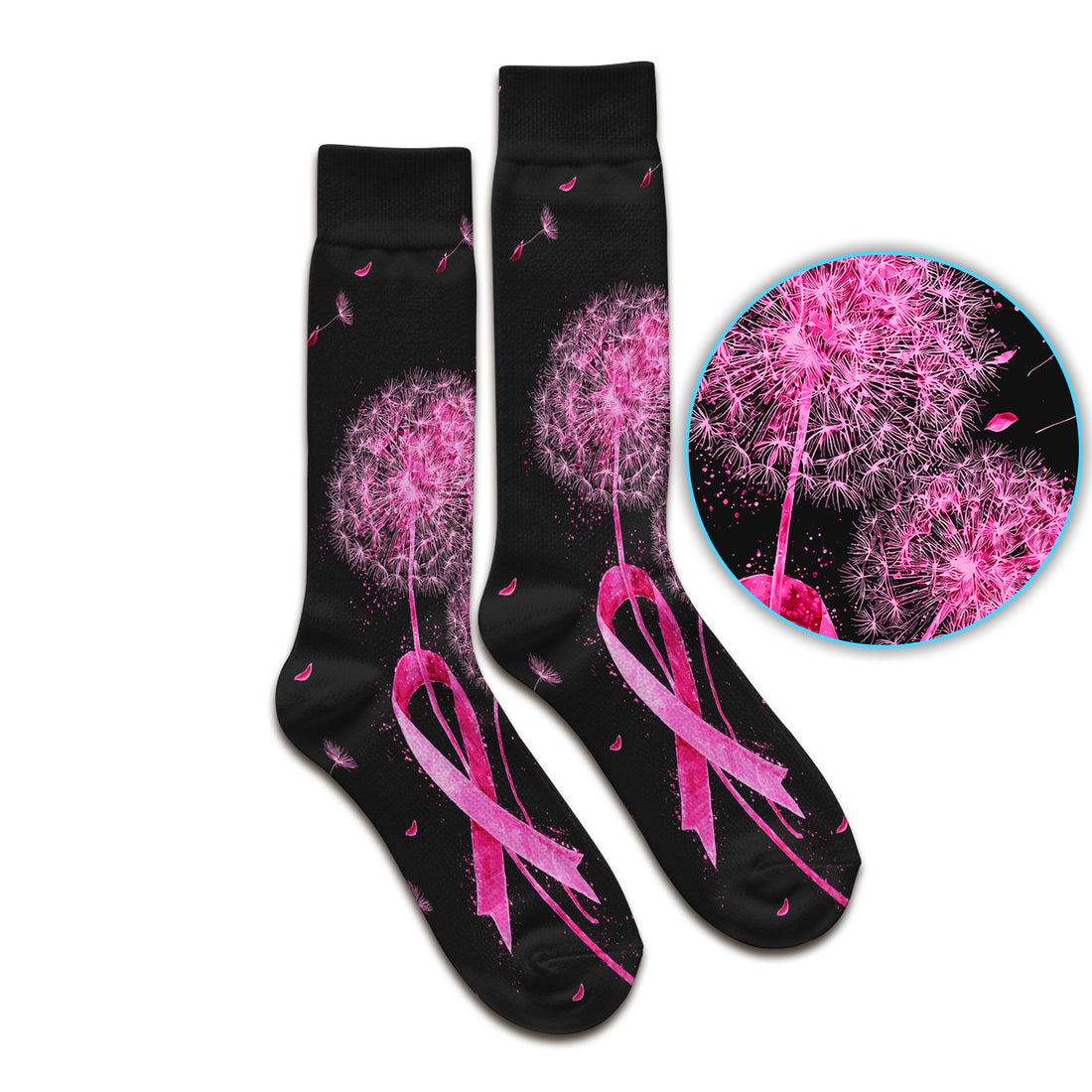 Meaningful Pink Ribbon Dandelion Socks, Adult Socks for Men and Women