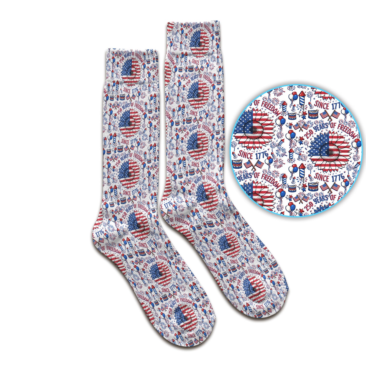 Festive Patriotic Sunflower American Flag Fireworks Pattern Socks, Breathable Fabrics Medical Uniform