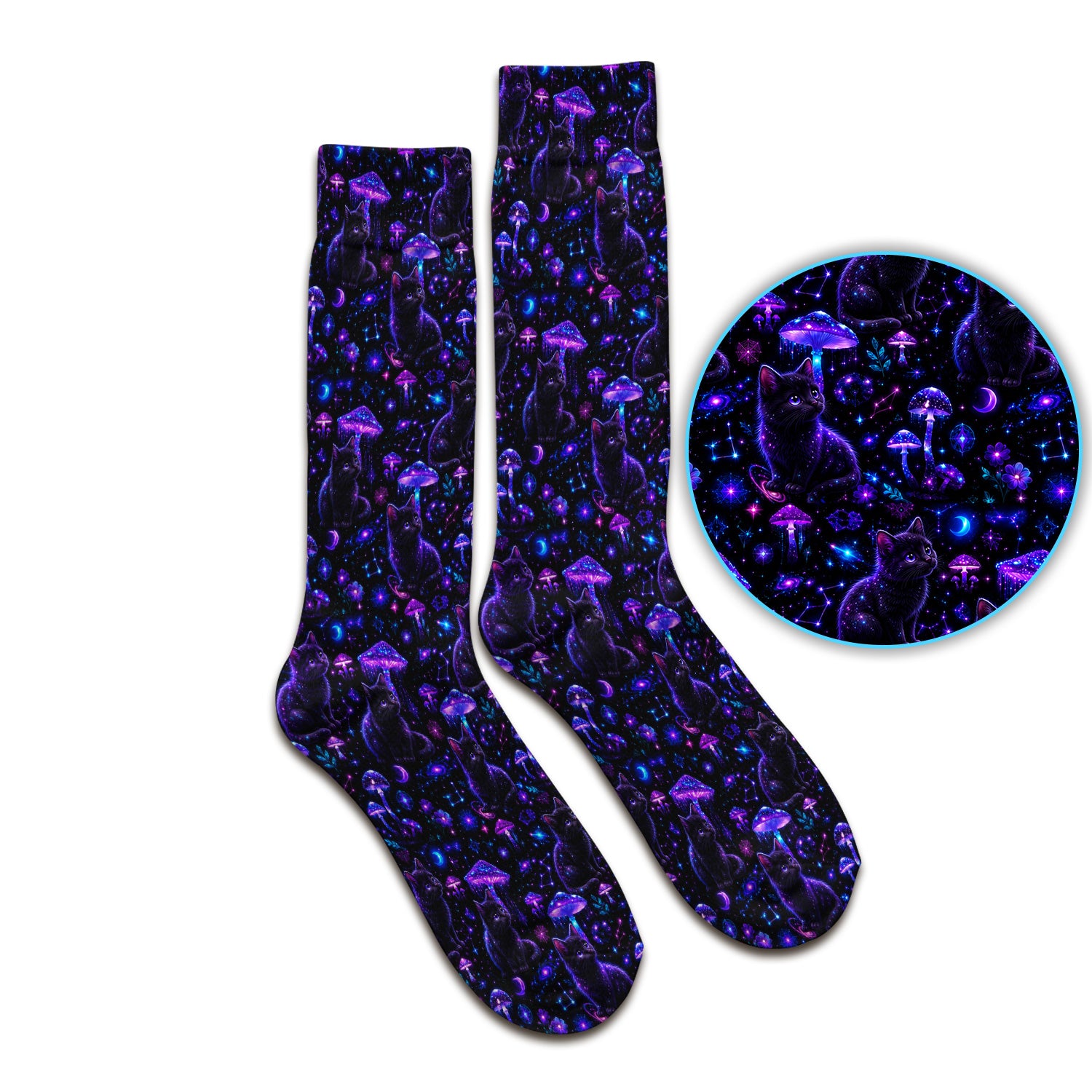 Mystical Black Cat Neon Mushroom Print Socks, Adult Socks for Men and Women