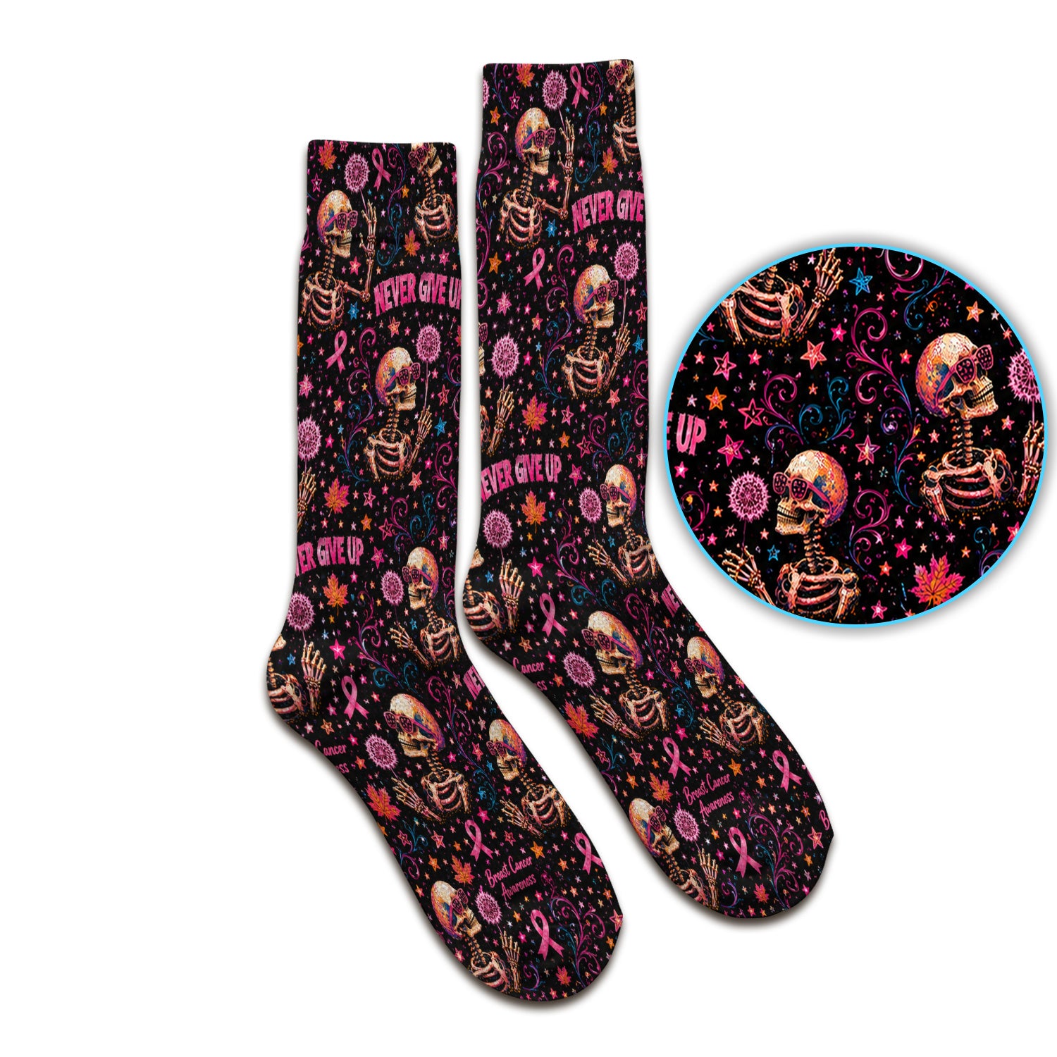 Breast Cancer Awareness Skeletons Pattern Socks, Adult Socks for Men and Women