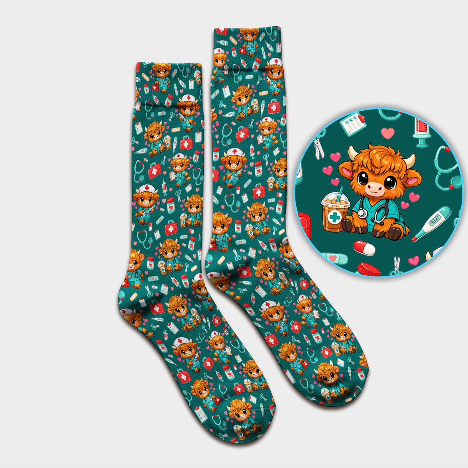 Cute Highland Cow Nurse Scrub Socks, Kawaii Medical Pattern Sock, Breathable Fabrics Nursing Uniform