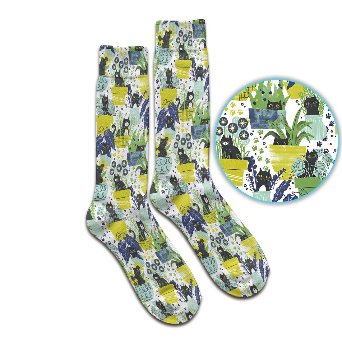 Black Cat Planter Garden Pattern Socks, Adult Socks for Men and Women