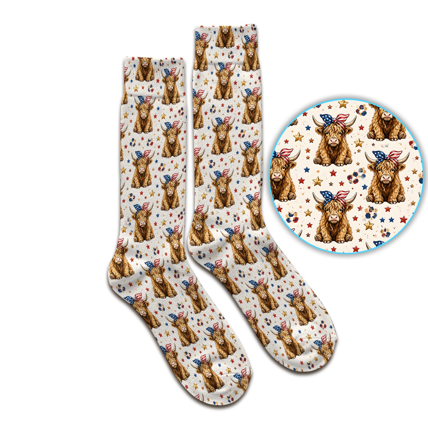 Patriotic Highland Cow Nurse for RN & CNA, Americana Farm Animal Healthcare Workers Medical Uniform Socks, Adult Socks for Men and Women
