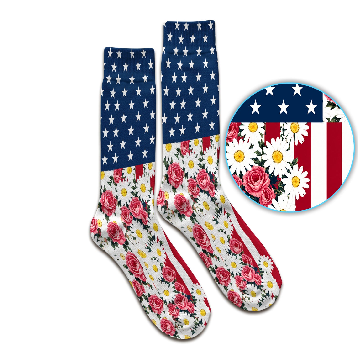 Floral American Flag Nurse Scrub Top for RN, CNA, Healthcare Workers, Patriotic Uniform Socks, Adult Socks for Men and Women