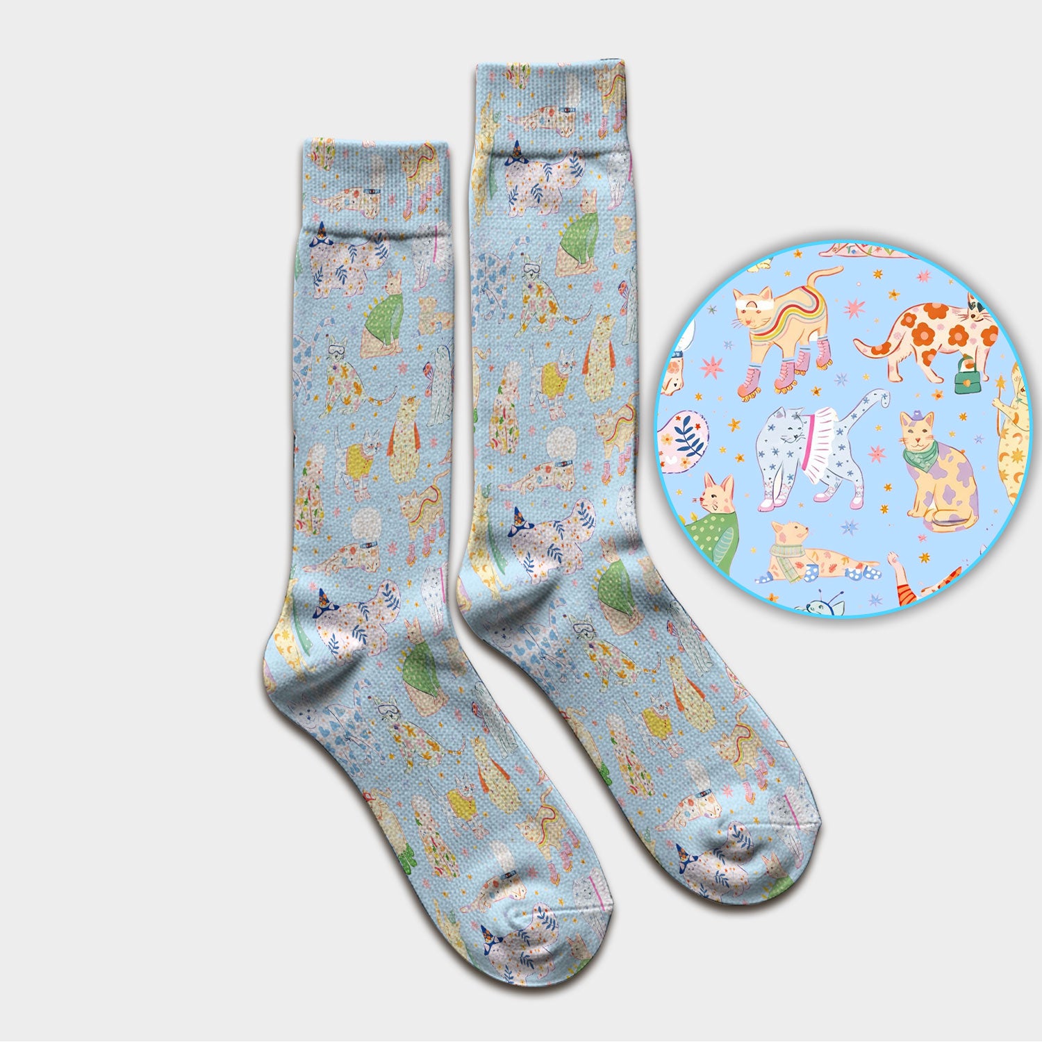 Colorful Pastel Cartoon Cats Print Socks, Breathable Fabrics Medical Uniform