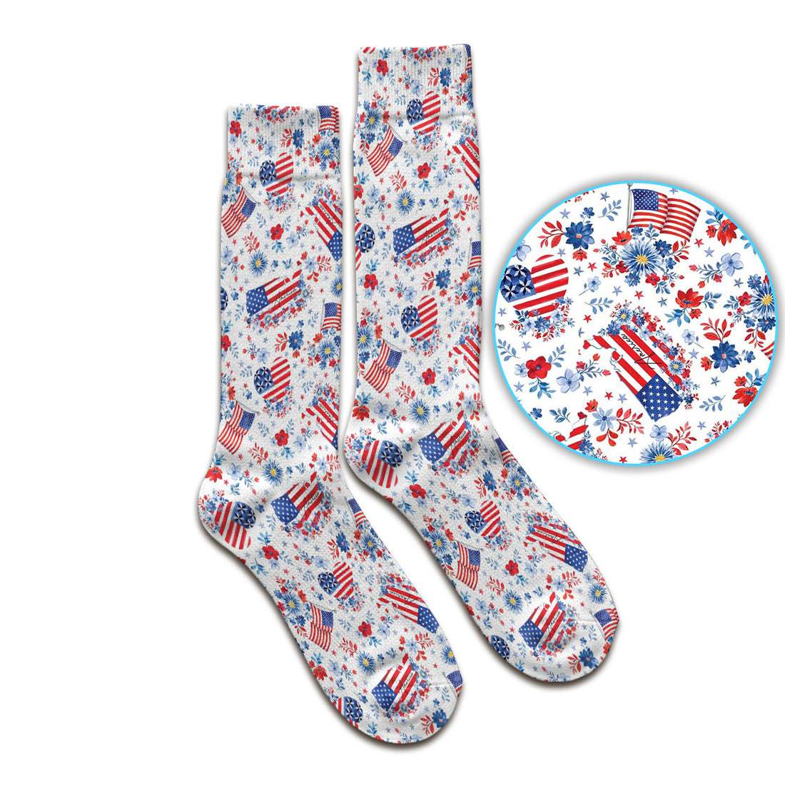 Festive American Flag Heart Floral Pattern Socks, Adult Socks for Men and Women