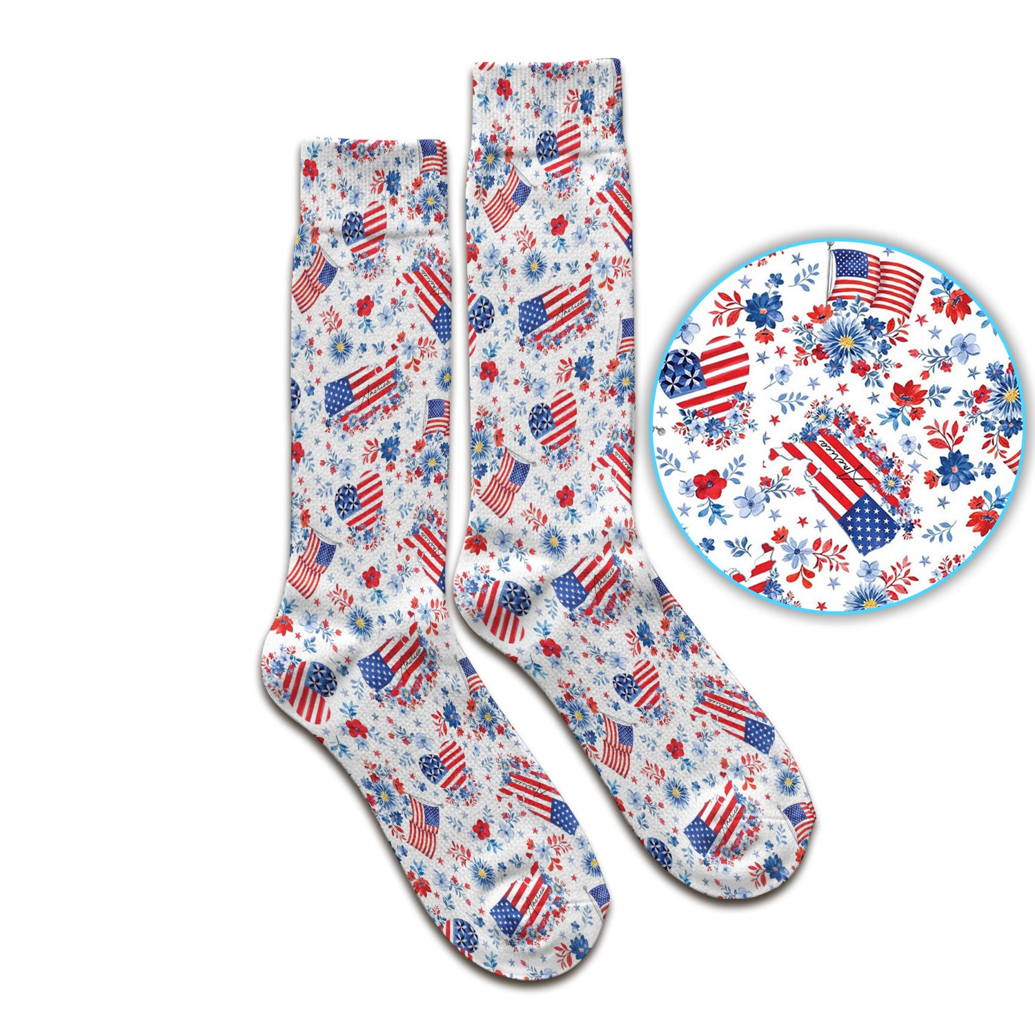 Festive American Flag Heart Floral Pattern Socks, Adult Socks for Men and Women