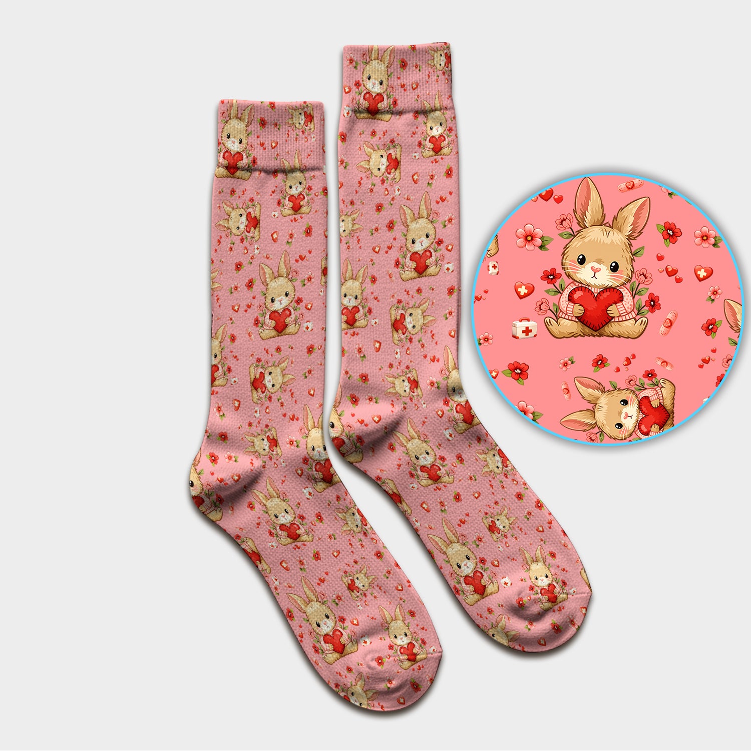 Adorable Bunny Heart Healthcare Design Socks, Adult Socks for Men and Women