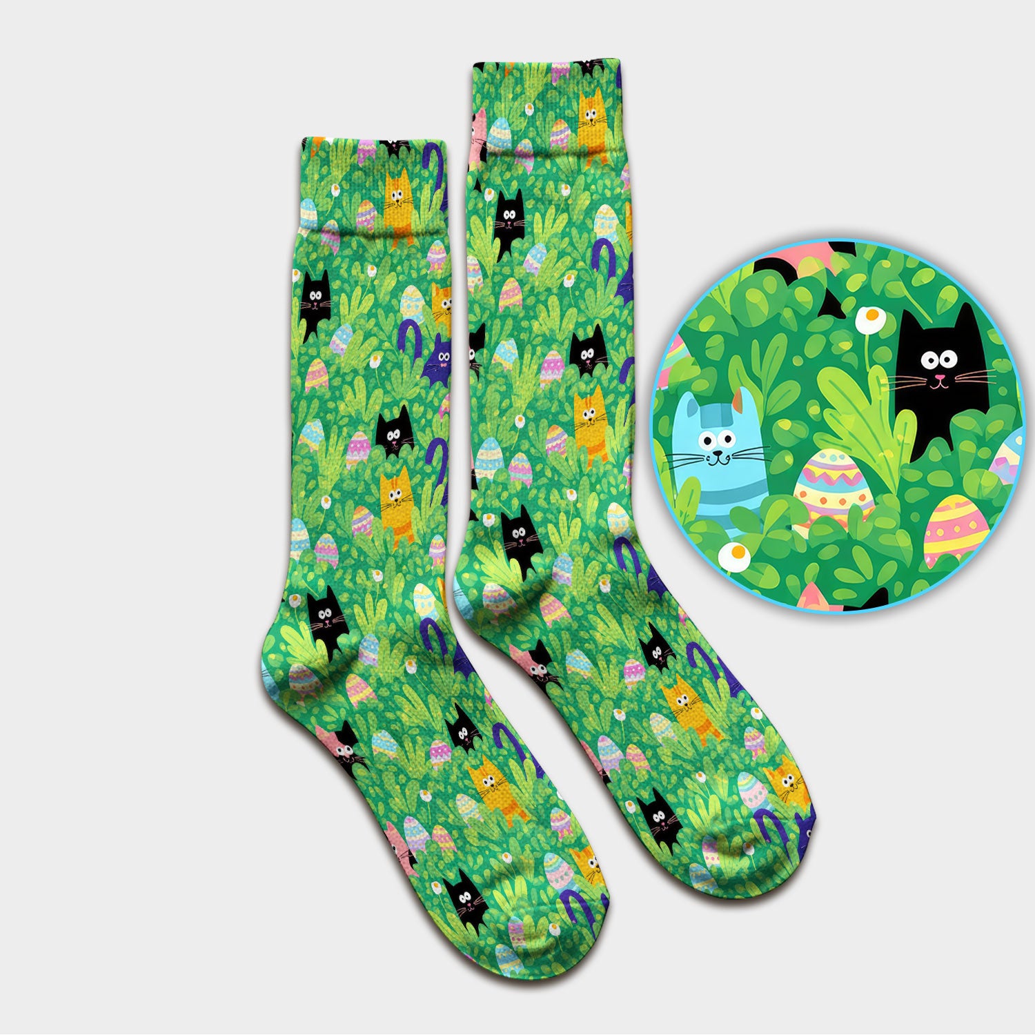 Colorful Easter Cats Green Leaves Print Socks, Breathable Fabrics Medical Uniform
