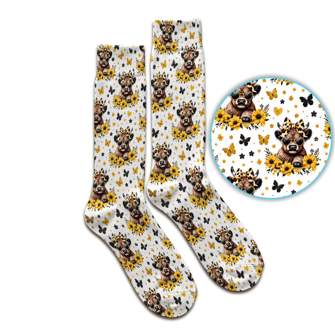 Sassy Highland Cow Sunflower Pattern Socks, Adult Socks for Men and Women