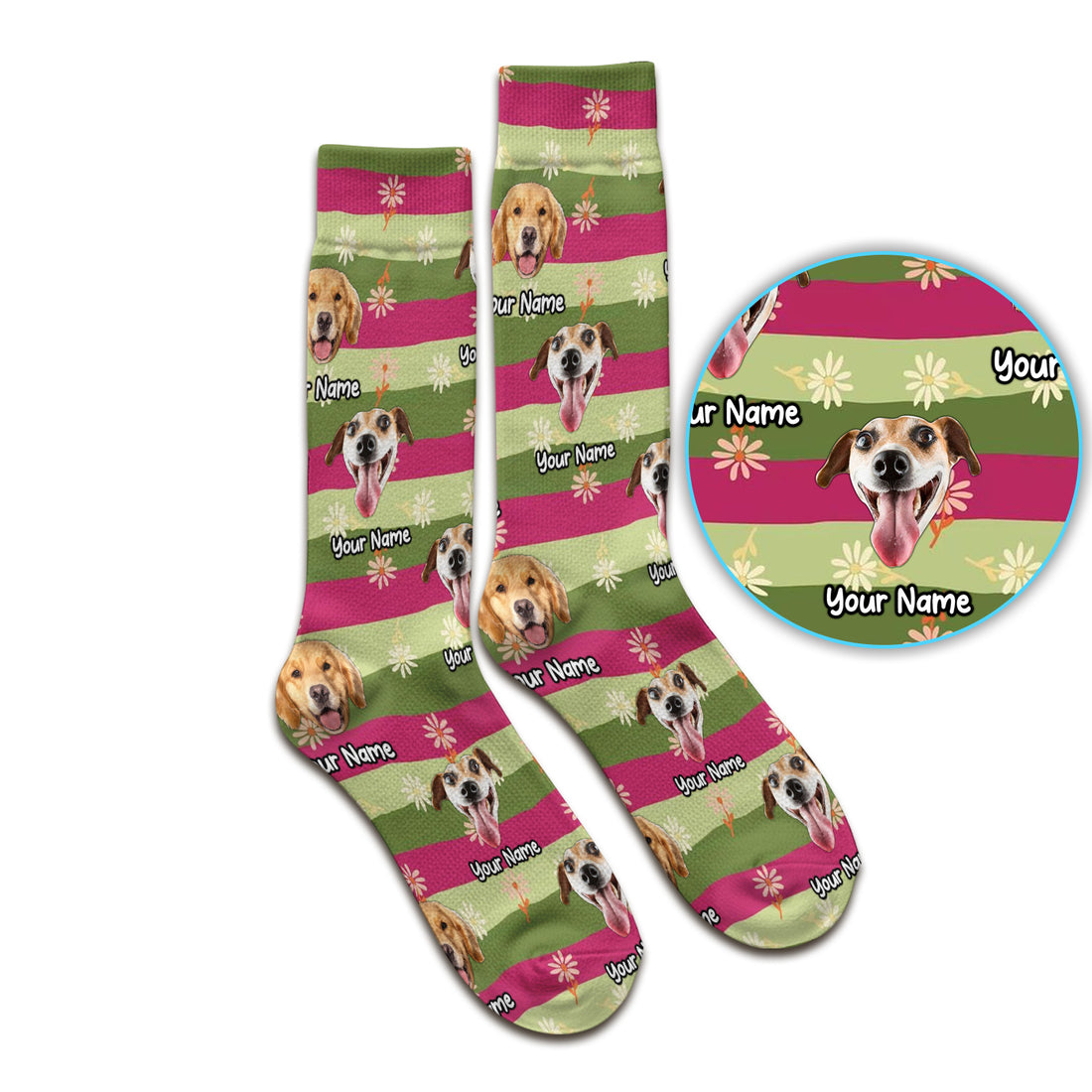 Personalized Floral Dog Portrait With Spring Stripes Pattern Socks, Adult Socks for Men and Women