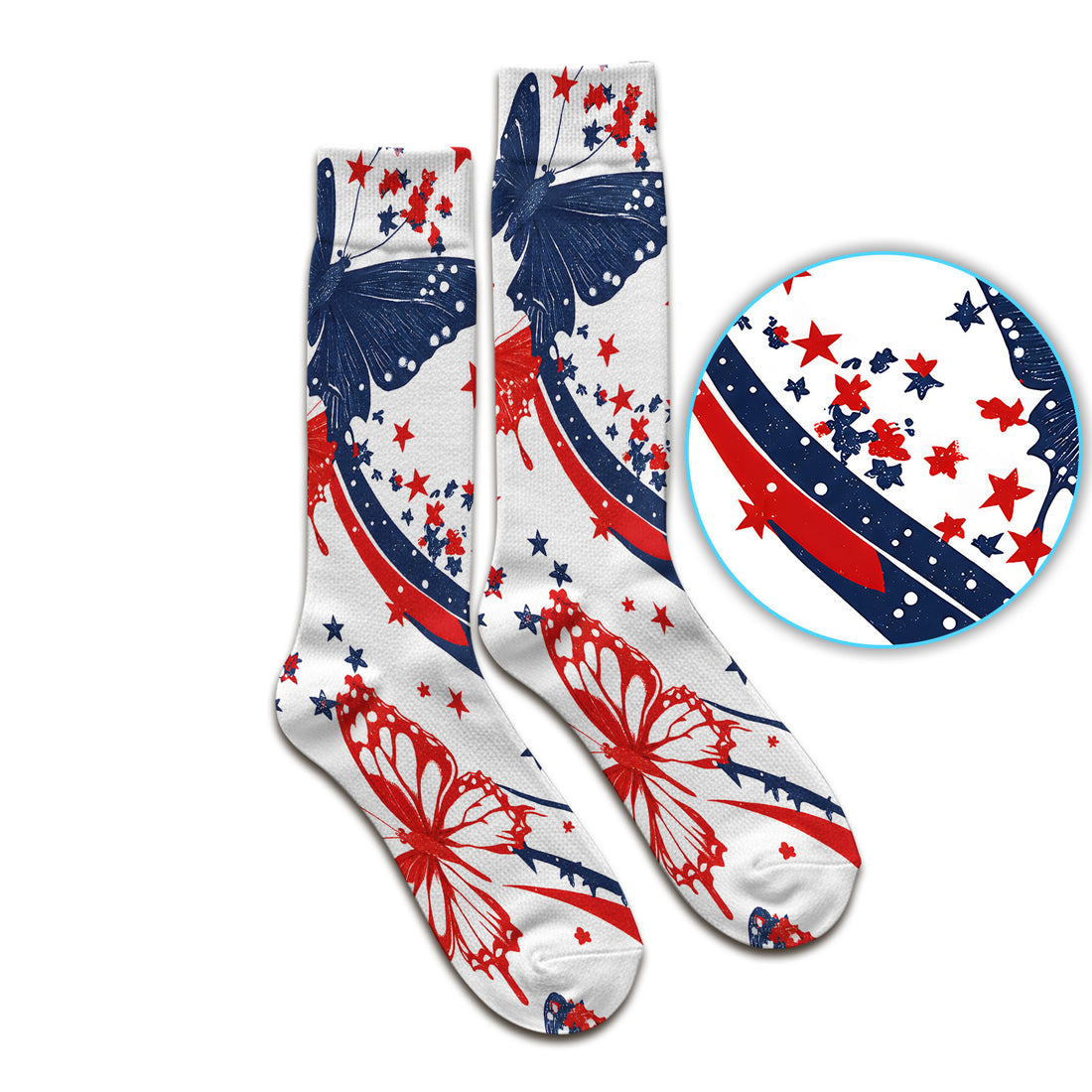 Patriotic Butterfly with Red White Blue Stars Socks, Adult Socks for Men and Women