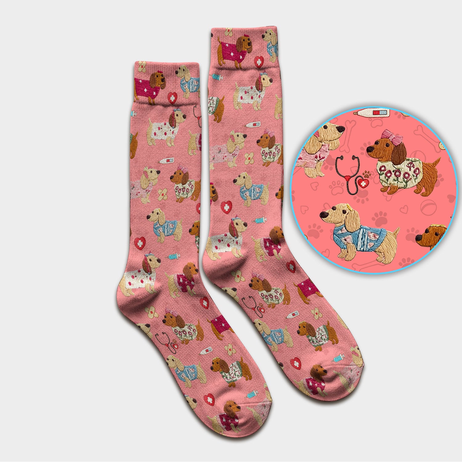 Cute Medical Wiener Dog Pattern Nurse Socks, Dachshund Nursing Scrub Sock, Breathable Fabrics Nursing Uniform