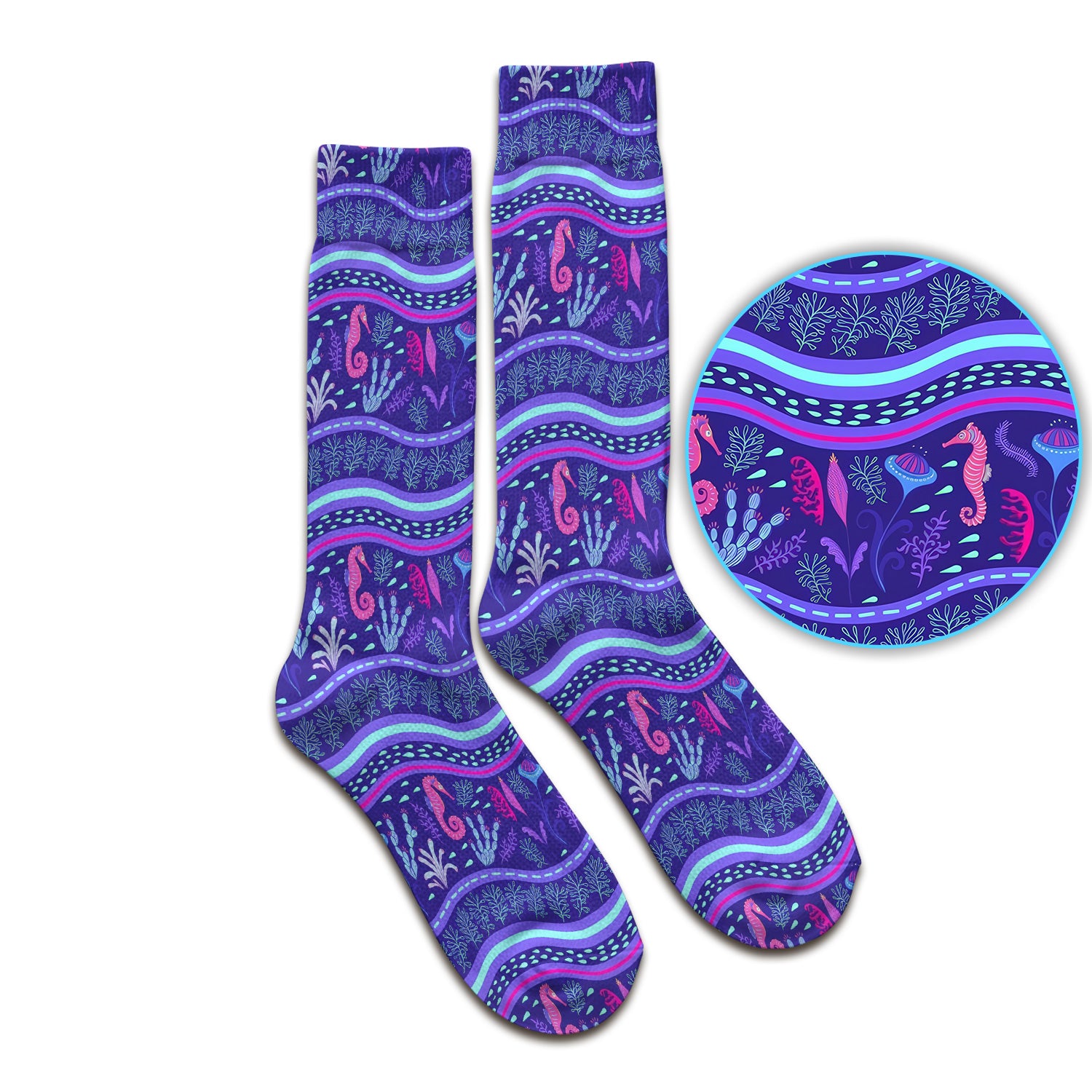 Purple Seahorse Ocean Pattern Socks, Adult Socks for Men and Women