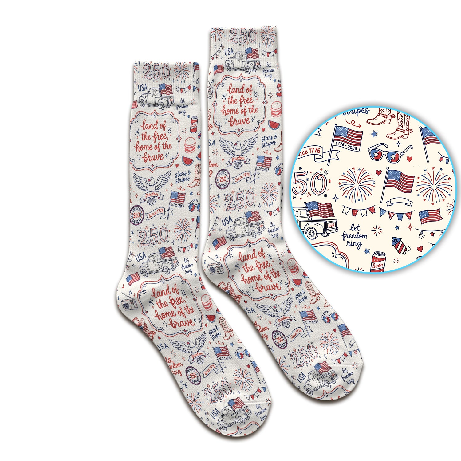 Vintage USA Freedom Print Socks, Adult Socks for Men and Women