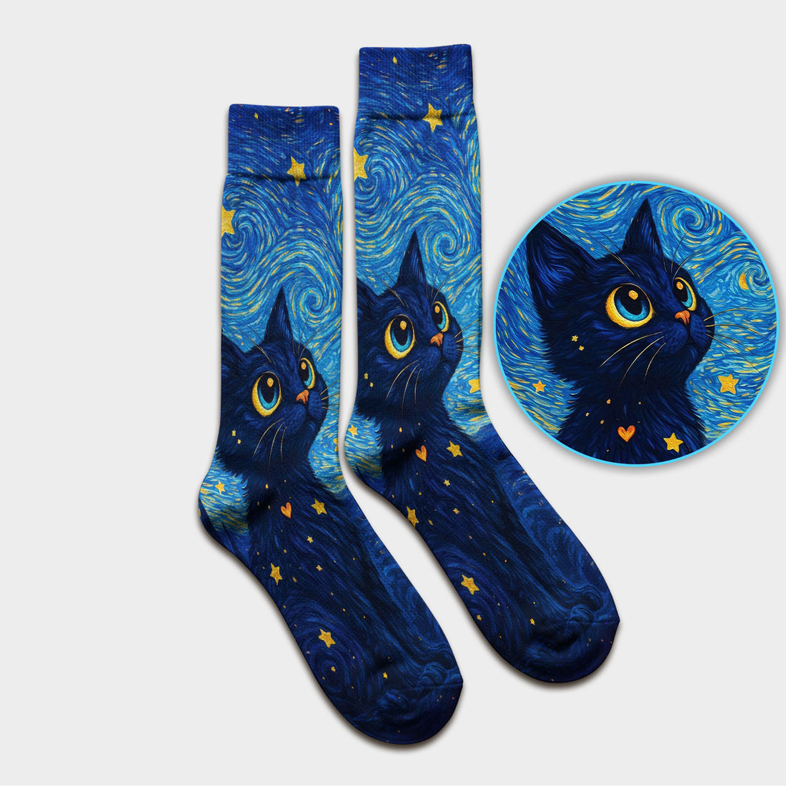 Black Cat Starry Night Pattern Print Socks, Adult Socks for Men and Women