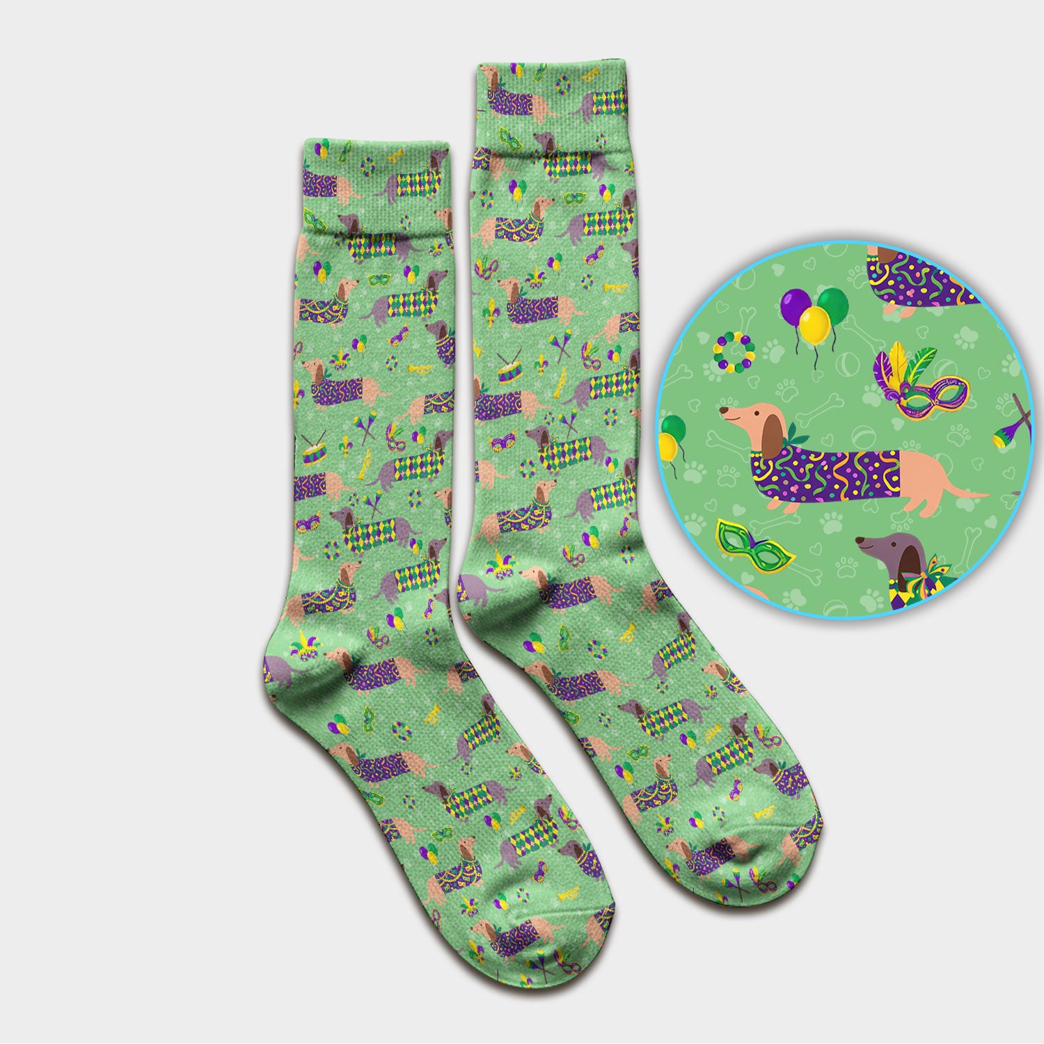 Mardi Gras Dachshund Nurse Scrub Socks, Wiener Dog Holiday Pattern Nurses Sock, Comfortable Uniform Scrubs For Nursing