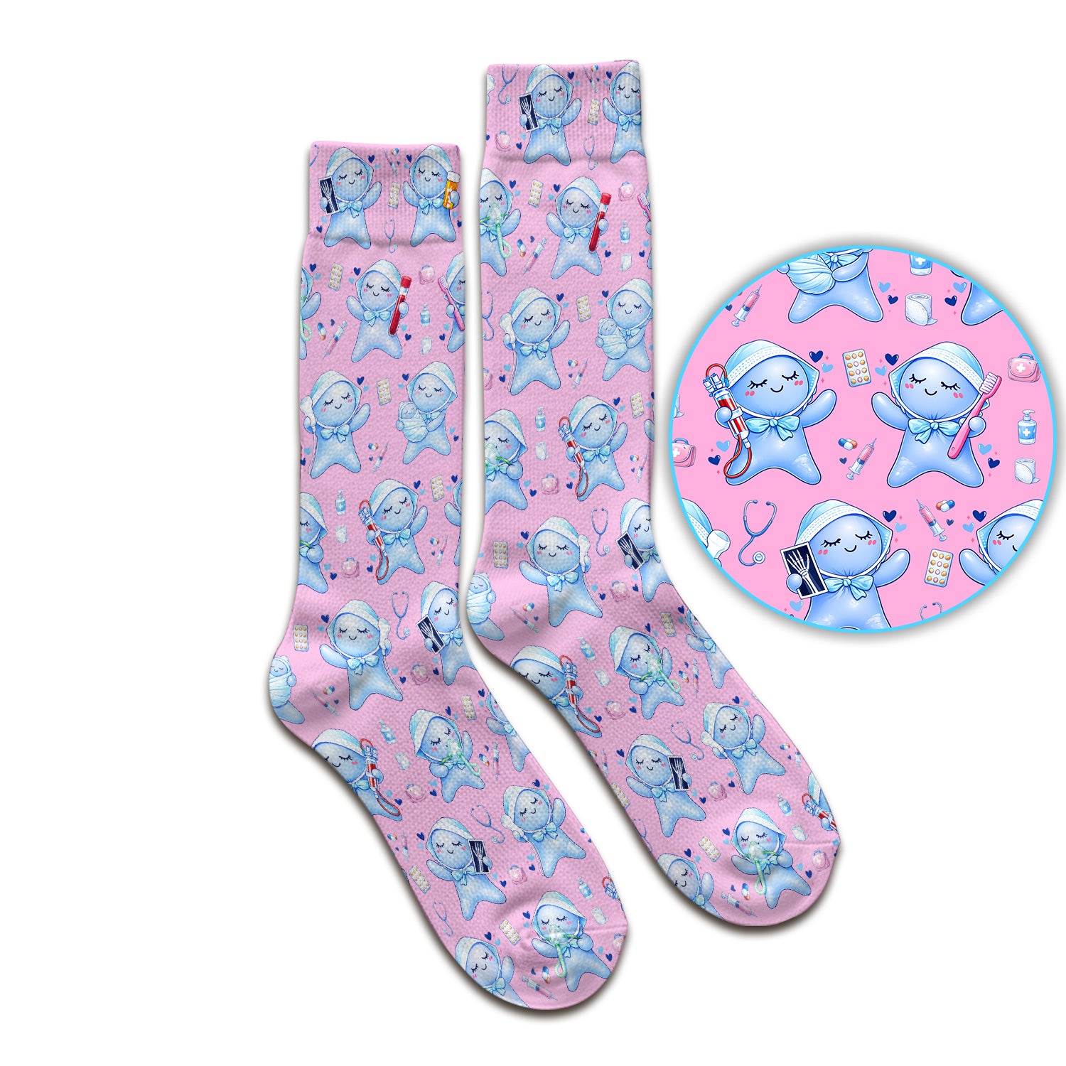 Cute Tooth Character Dental Tools Caring Pattern Socks, Breathable Fabrics Medical Uniform