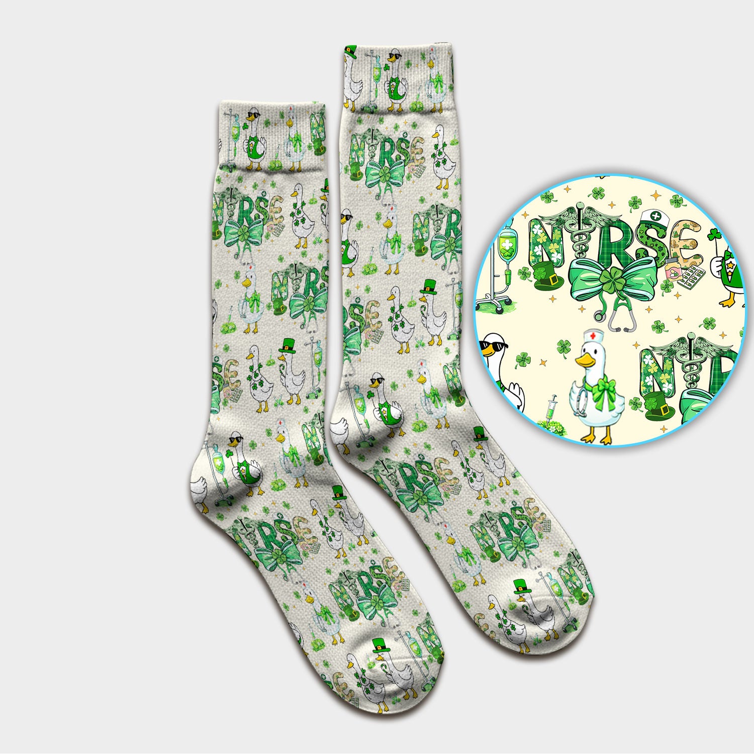 Funny Goose Nurse Shamrock Scrub Socks, St. Patrick’s Day Nurse Pattern Sock, Breathable Fabrics Nursing Uniform