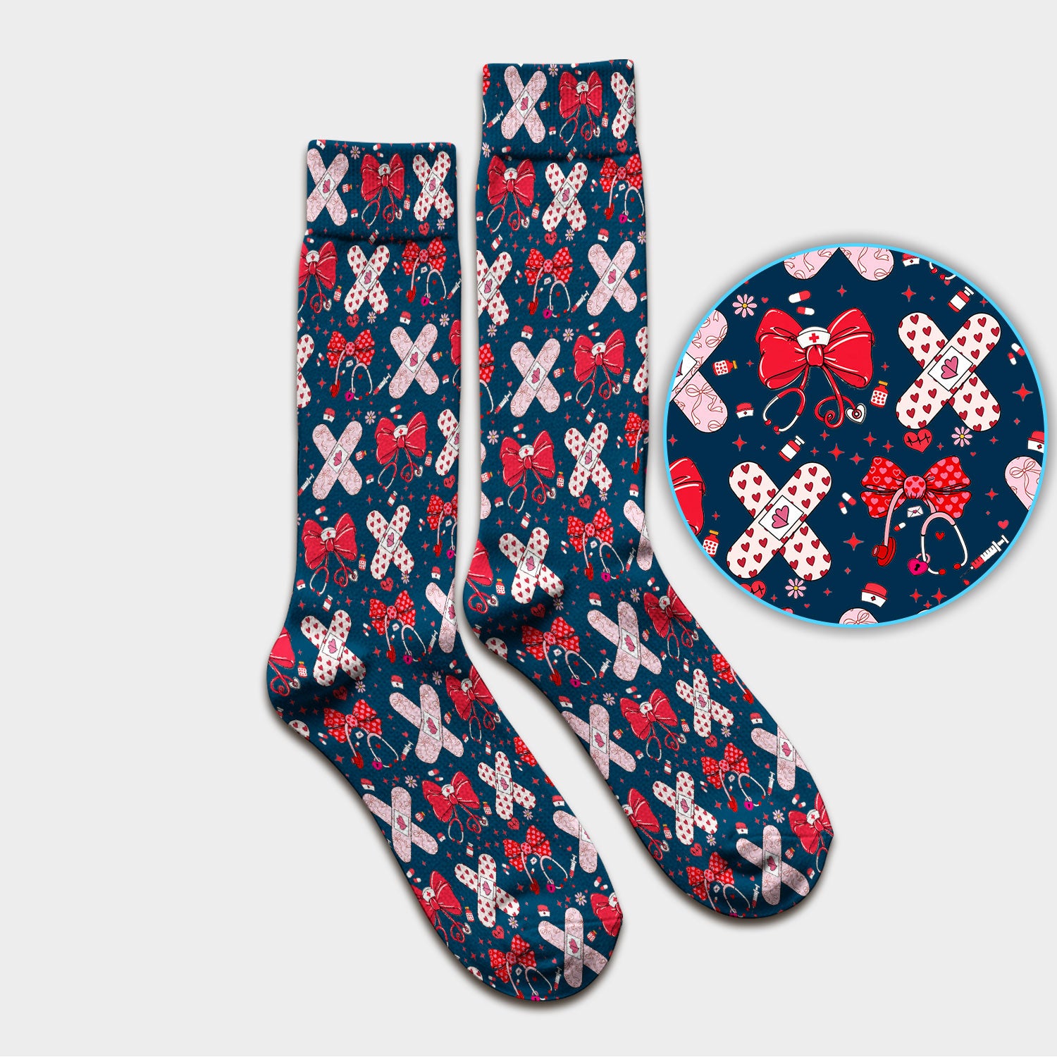 Valentine Nurse Scrub Socks, Red Bow And Heart Bandage Pattern Medical Sock, Breathable Fabrics Nursing Uniform