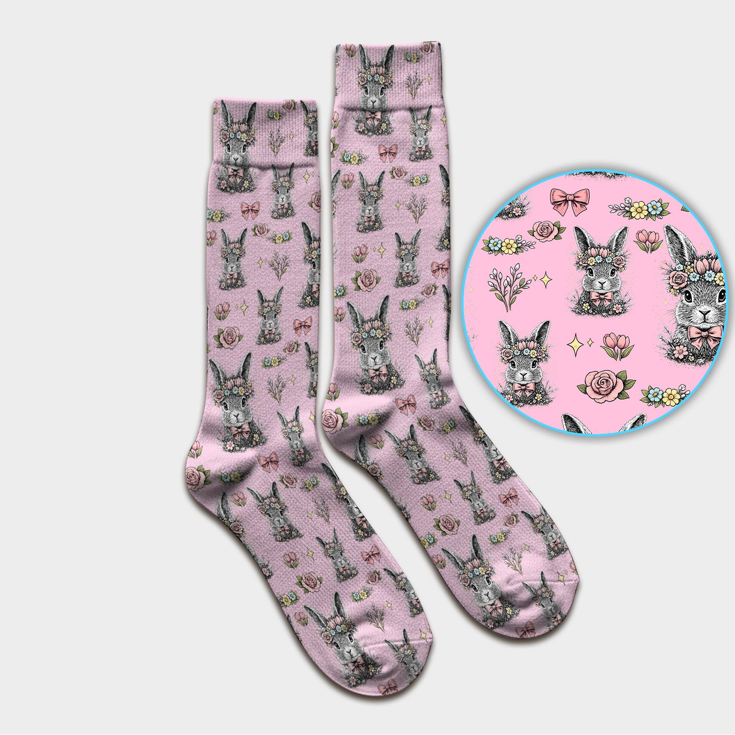 Vintage Floral Bunny Print Socks, Breathable Fabrics Medical Uniform