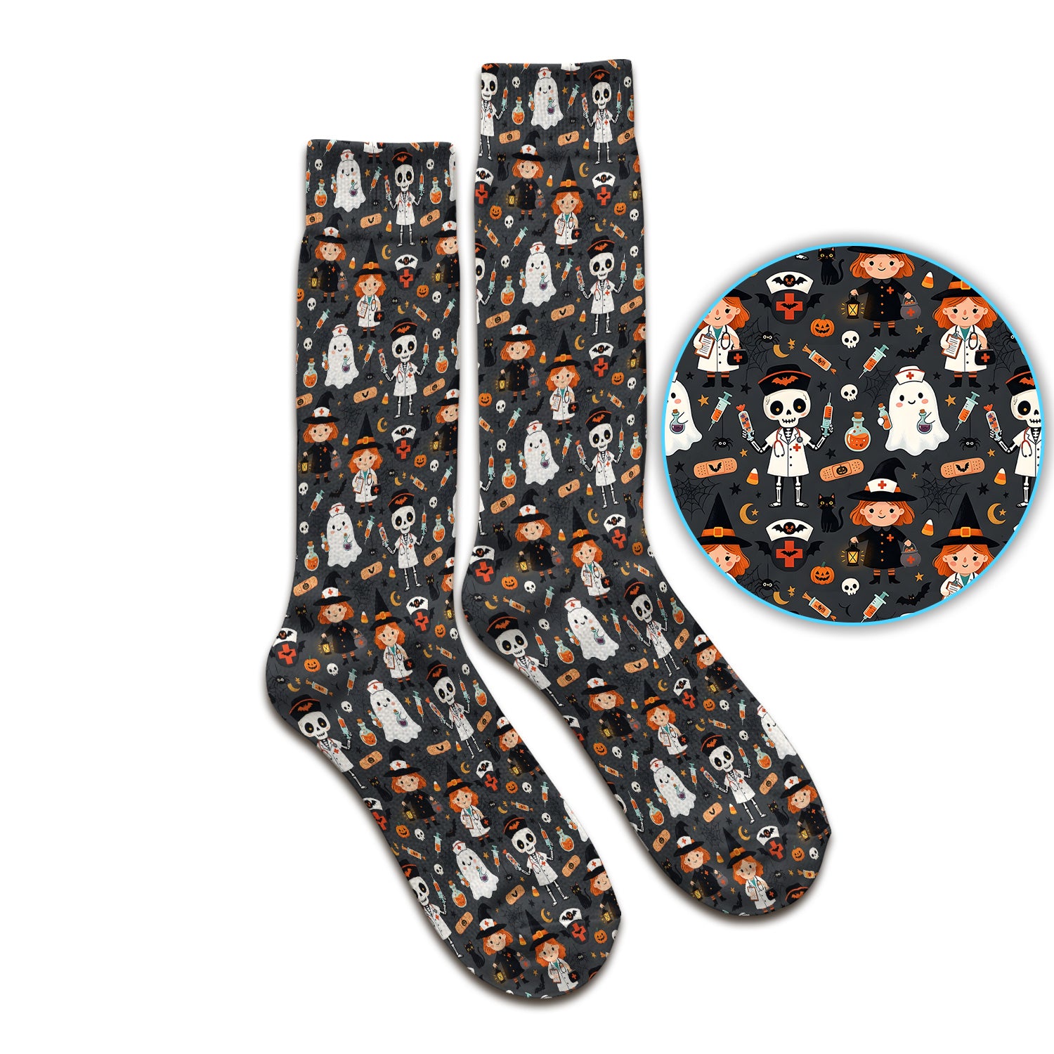 Halloween Witch And Skeleton Nurse Socks, Adult Socks for Men and Women