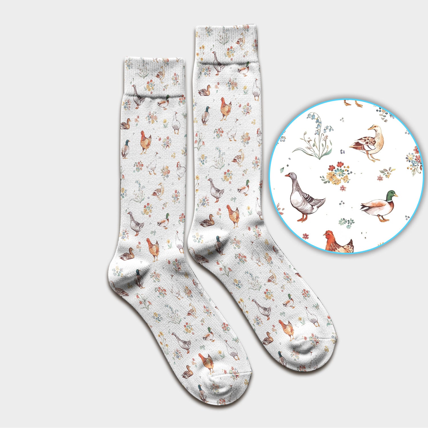 Farm Chicken Duck Floral Pattern Socks, Adult Socks for Men and Women