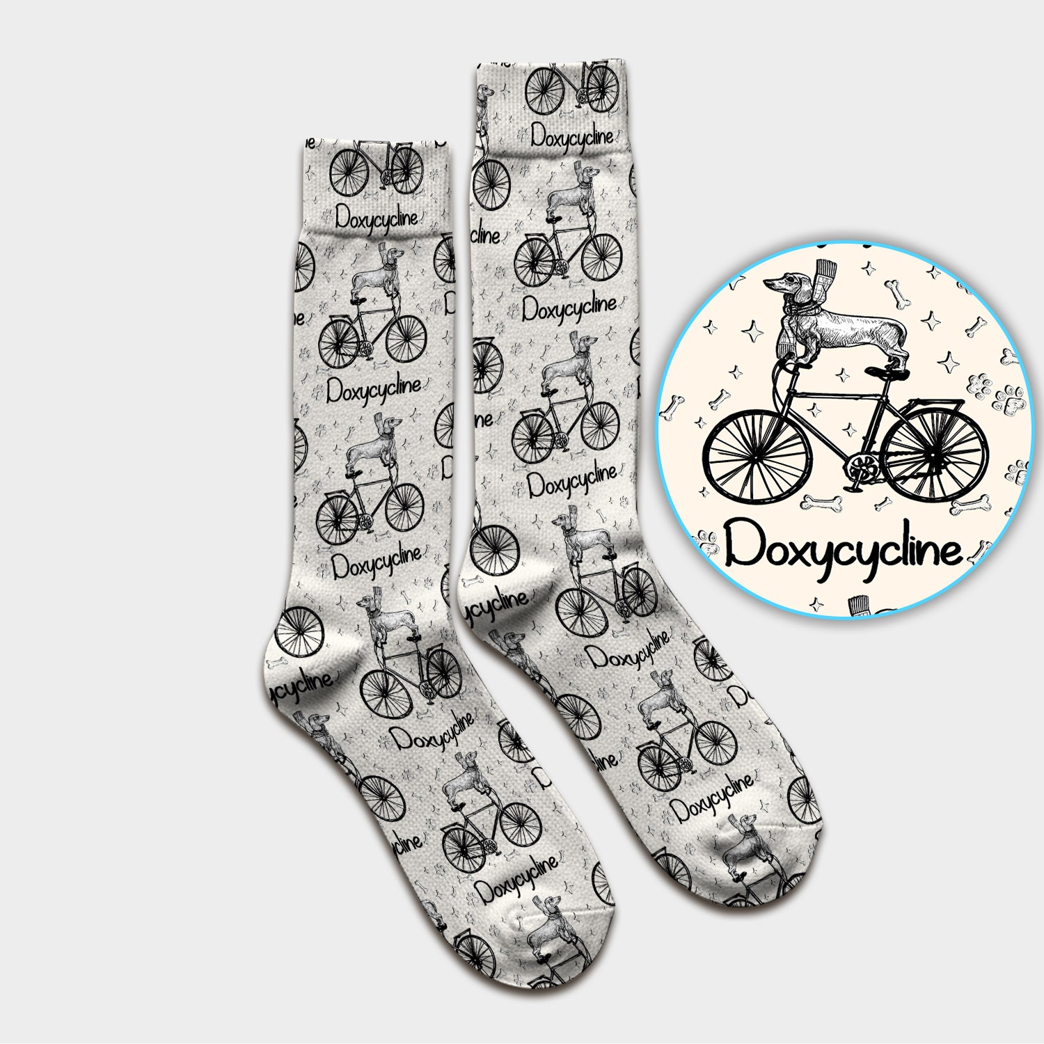 Funny Doxycycline Dog Bicycle Print Scrub Socks, Adult Socks for Men and Women