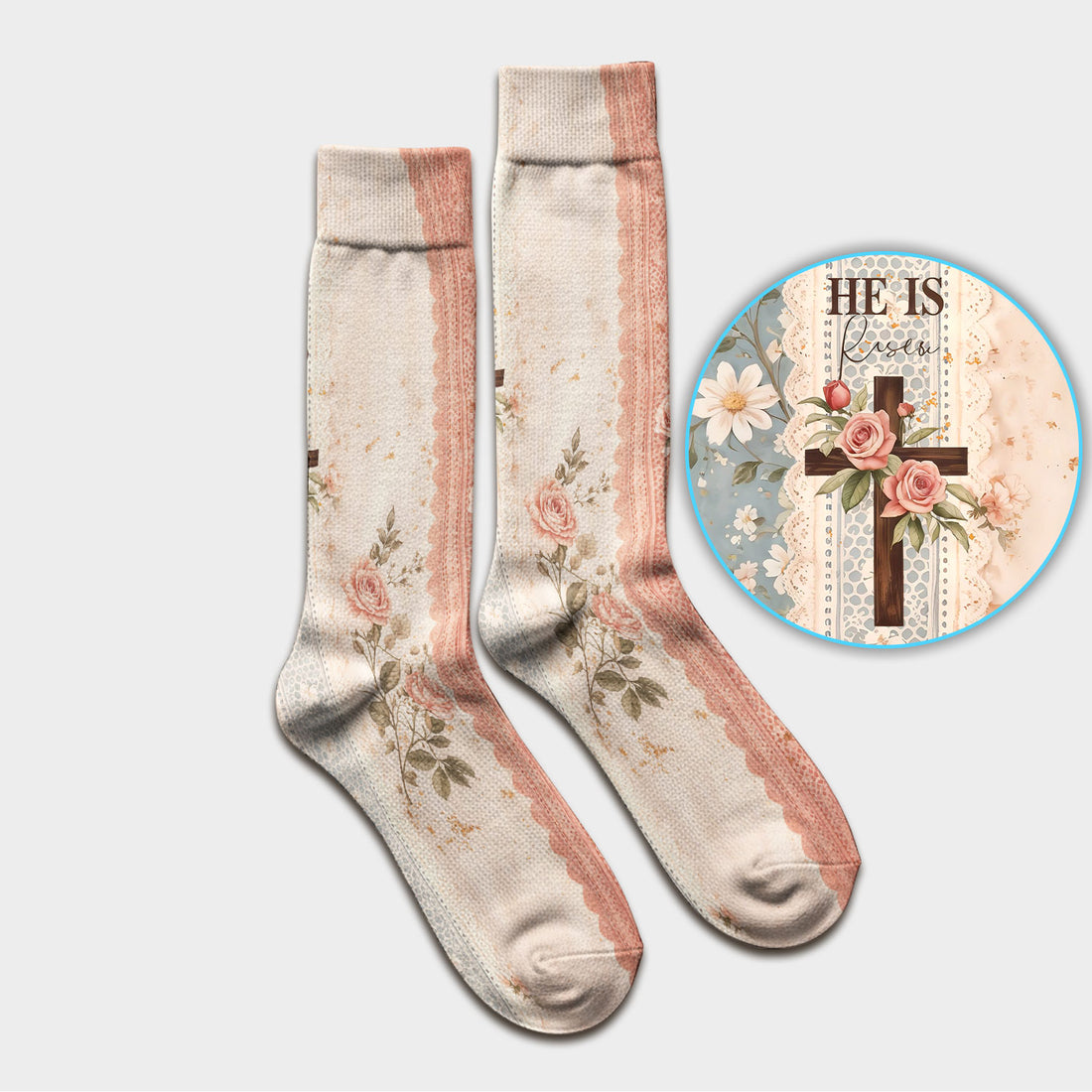 Inspirational Christian Cross Rose He Is Risen Vintage Floral Pattern Socks, Adult Socks for Men and Women