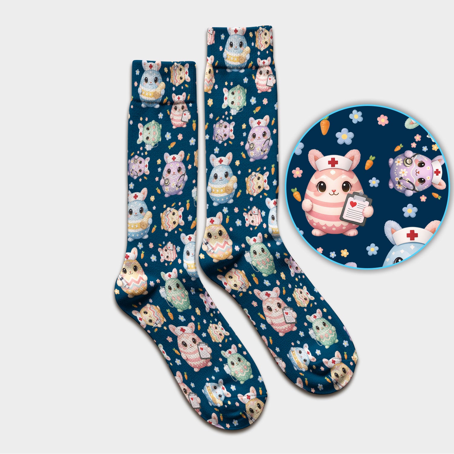 Cute Nurse Bunny Pastel Floral Print Socks, Breathable Fabrics Medical Uniform