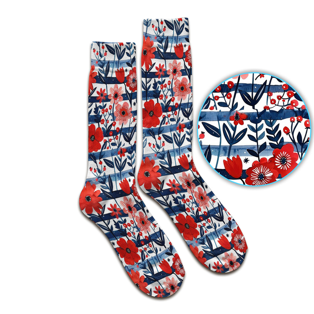 Red Poppy Navy Stripe Pattern Socks, Adult Socks for Men and Women