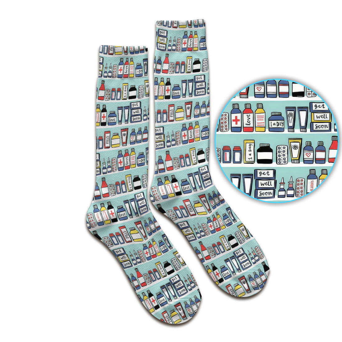 Medicine Bottle Pharmacy Pills Care Pattern Socks, Adult Socks for Men and Women