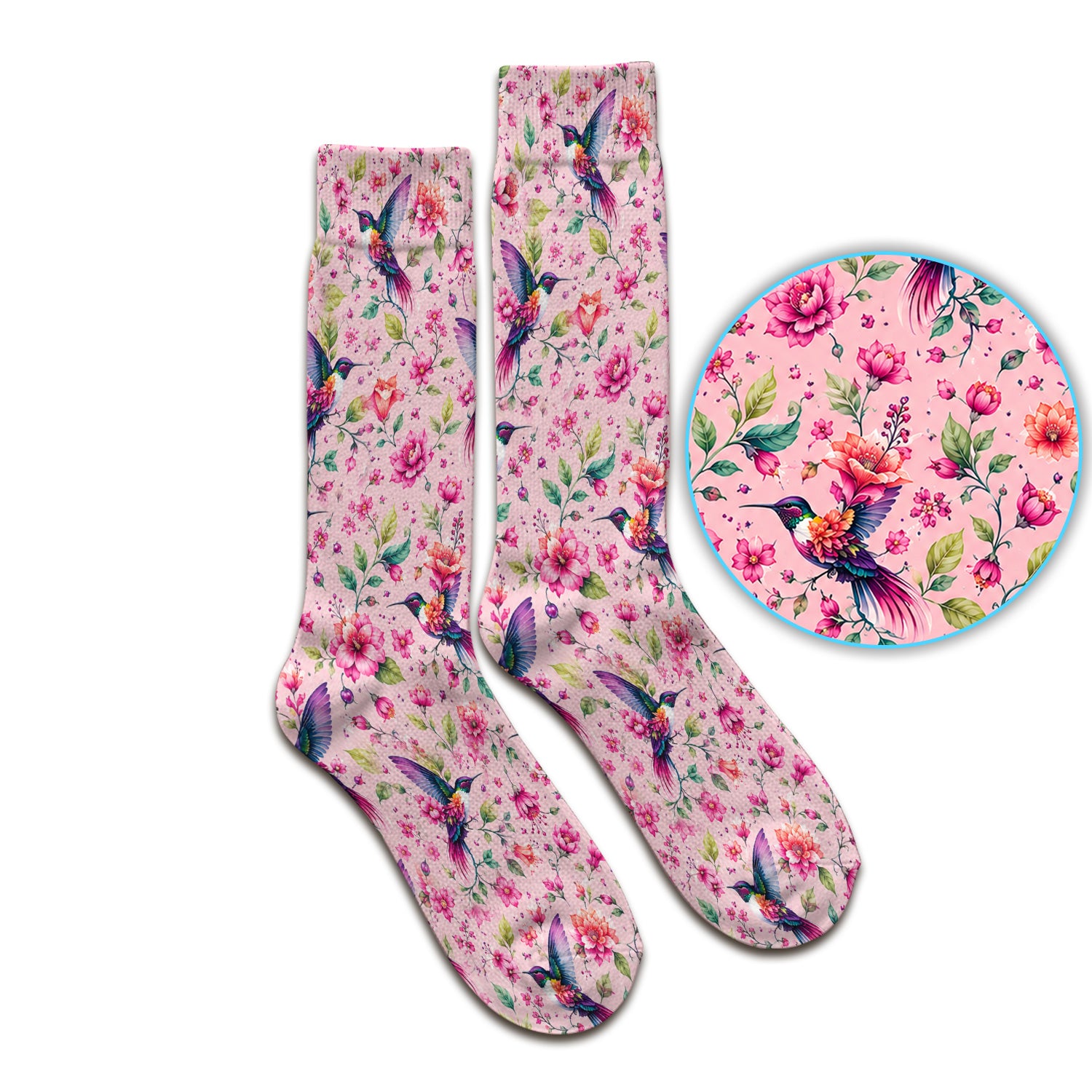 Pink Hummingbird Floral Garden Pattern Socks, Adult Socks for Men and Women