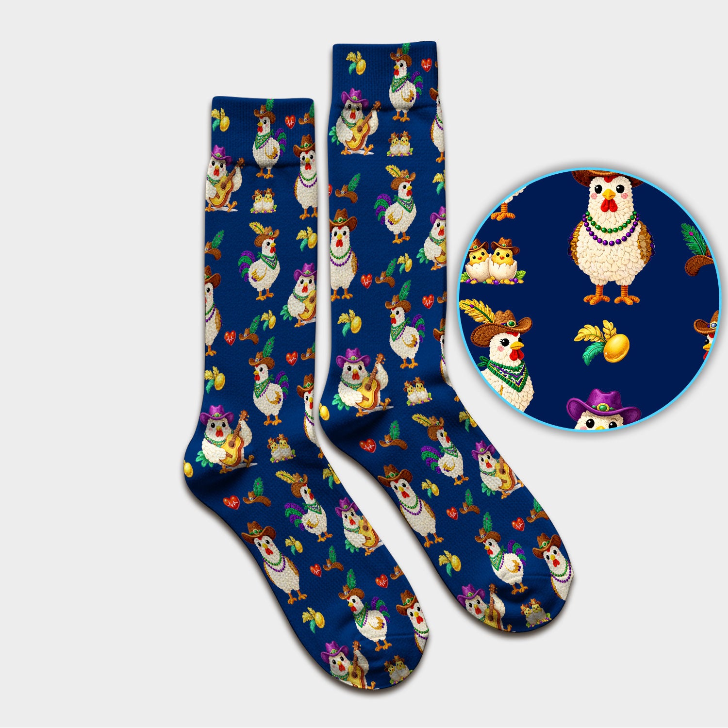 Funny Mardi Gras Rooster Cowboy Print Medical Socks, Socks for Nurse Doctor