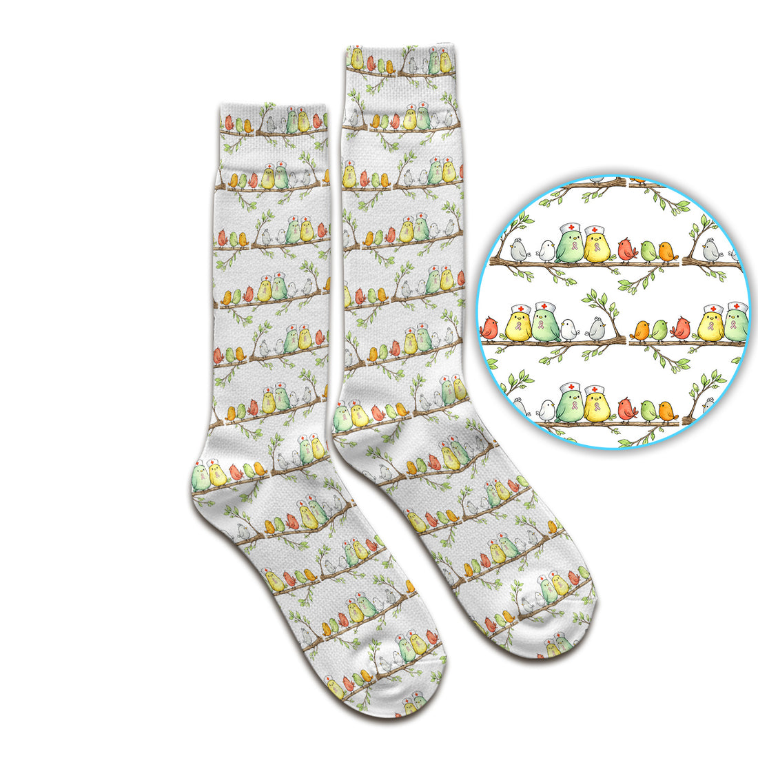 Cute Nurse Birds On Branches Socks, Adult Socks for Men and Women