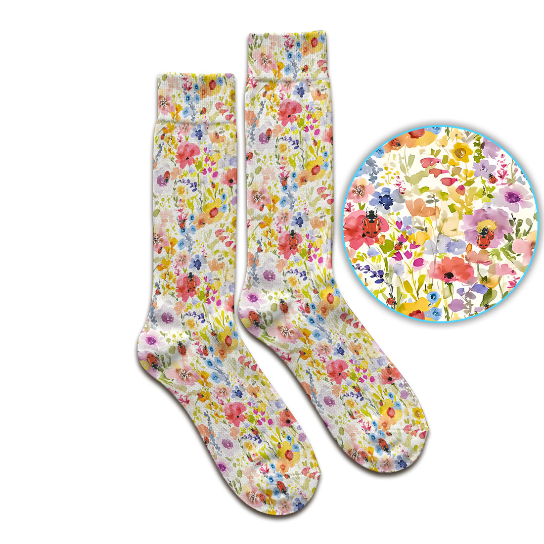 Cute Wildflower Ladybug Garden Pattern Socks, Adult Socks for Men and Women