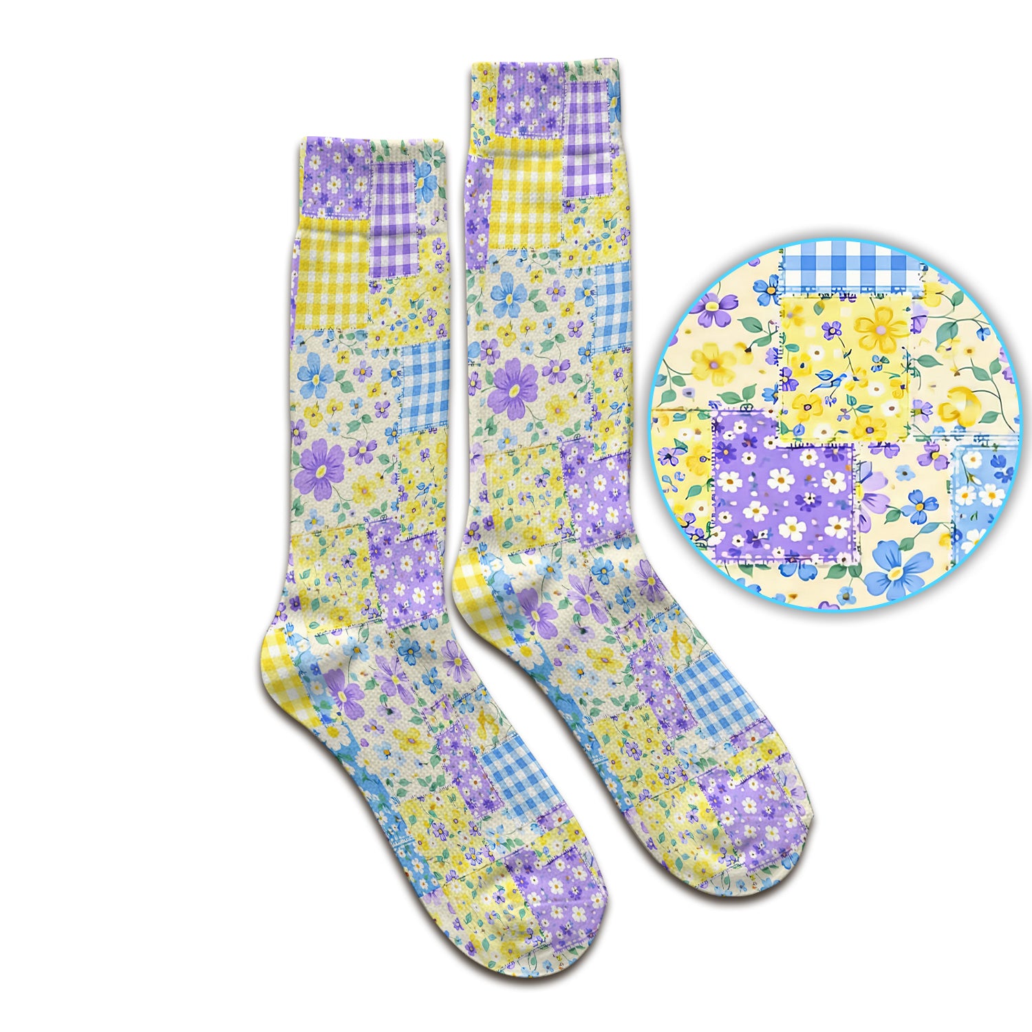 Cute Floral Patchwork Gingham Pattern Socks, Socks for Nurse Doctor