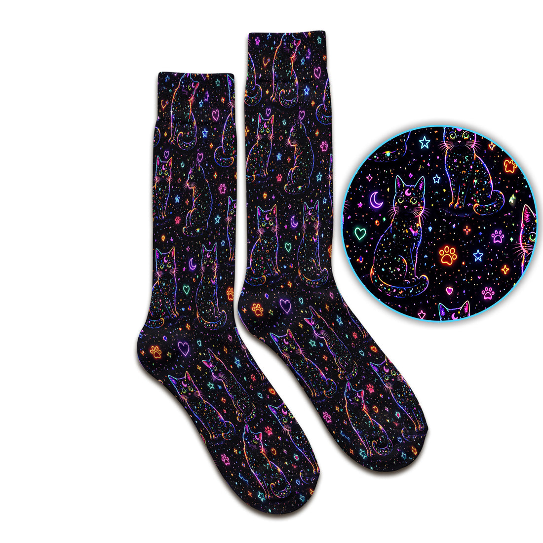 Mystical Cosmic Moon Cat Pattern Socks, Adult Socks for Men and Women