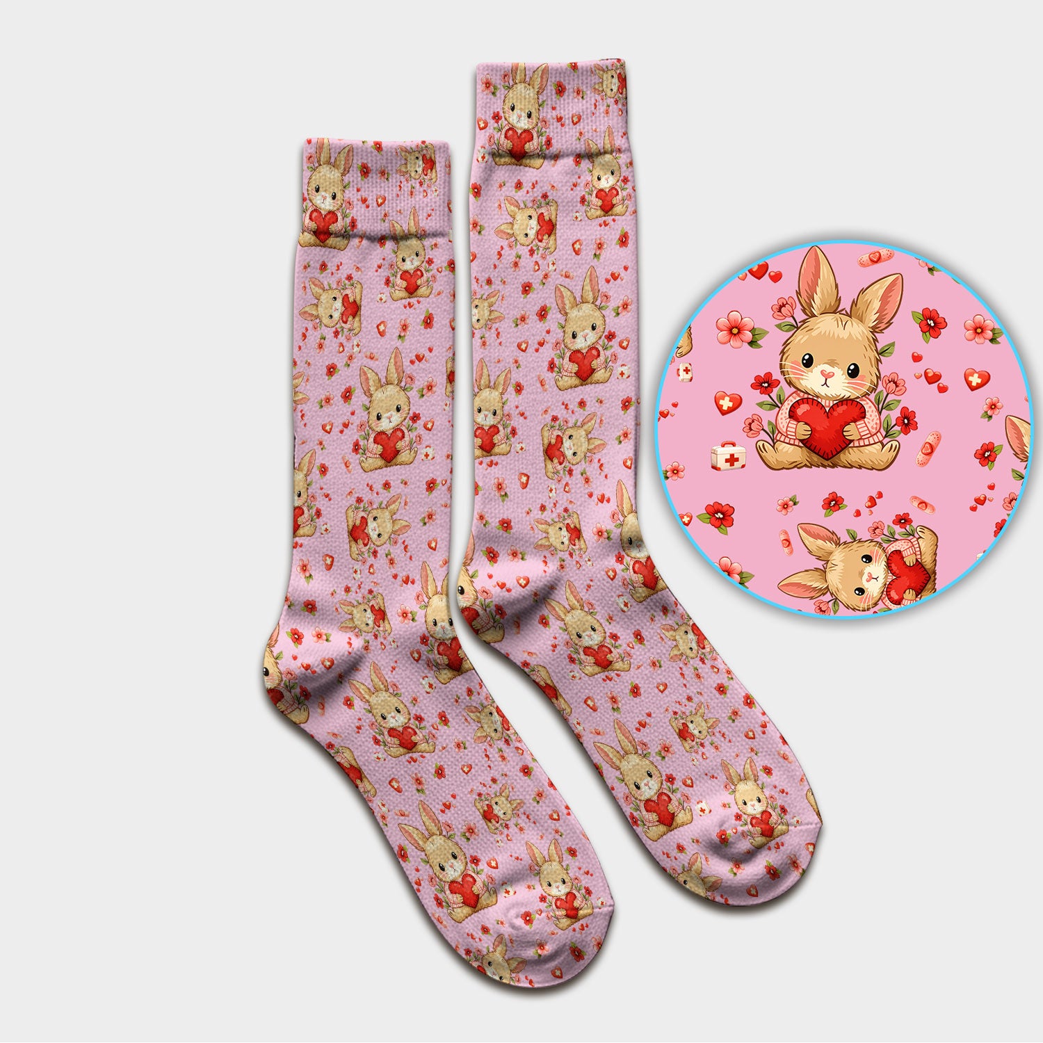 Adorable Bunny Heart Healthcare Design Socks, Adult Socks for Men and Women