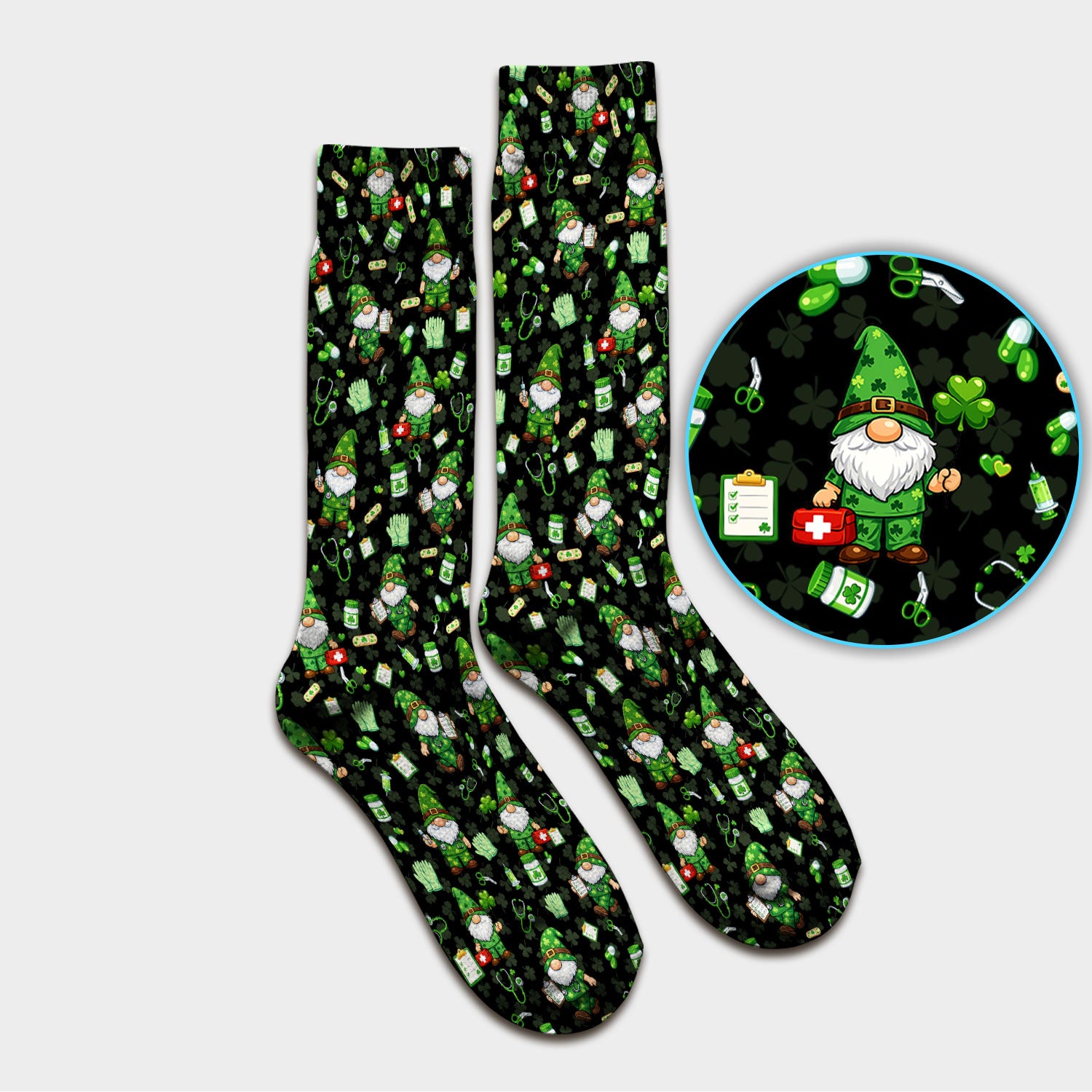 St. Patrick’s Day Nurse Gnome Scrub Socks, Green Lucky Medical Pattern Nurse Sock, Breathable Fabrics Nursing Uniform