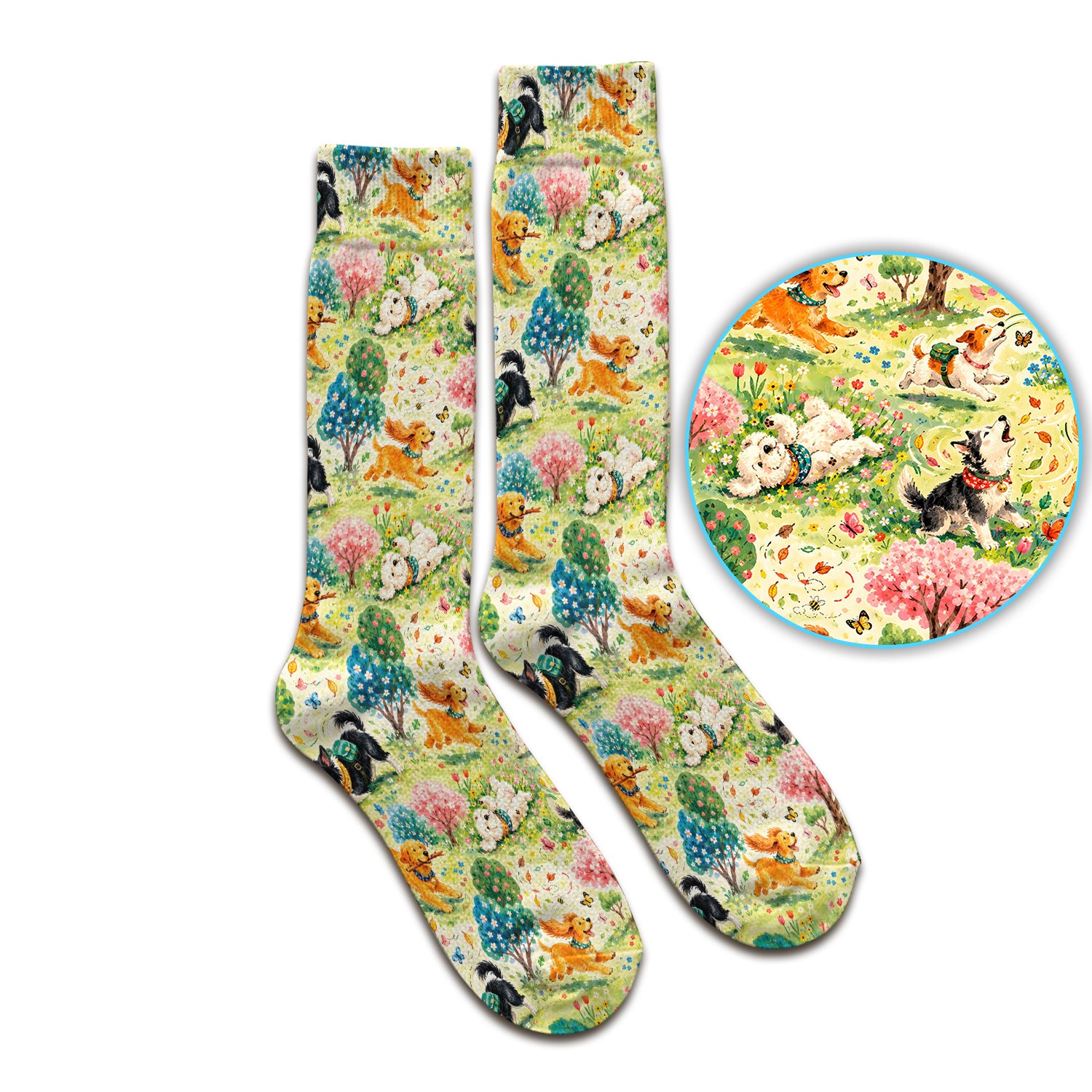Playful Spring Garden Dogs Pattern Socks, Adult Socks for Men and Women