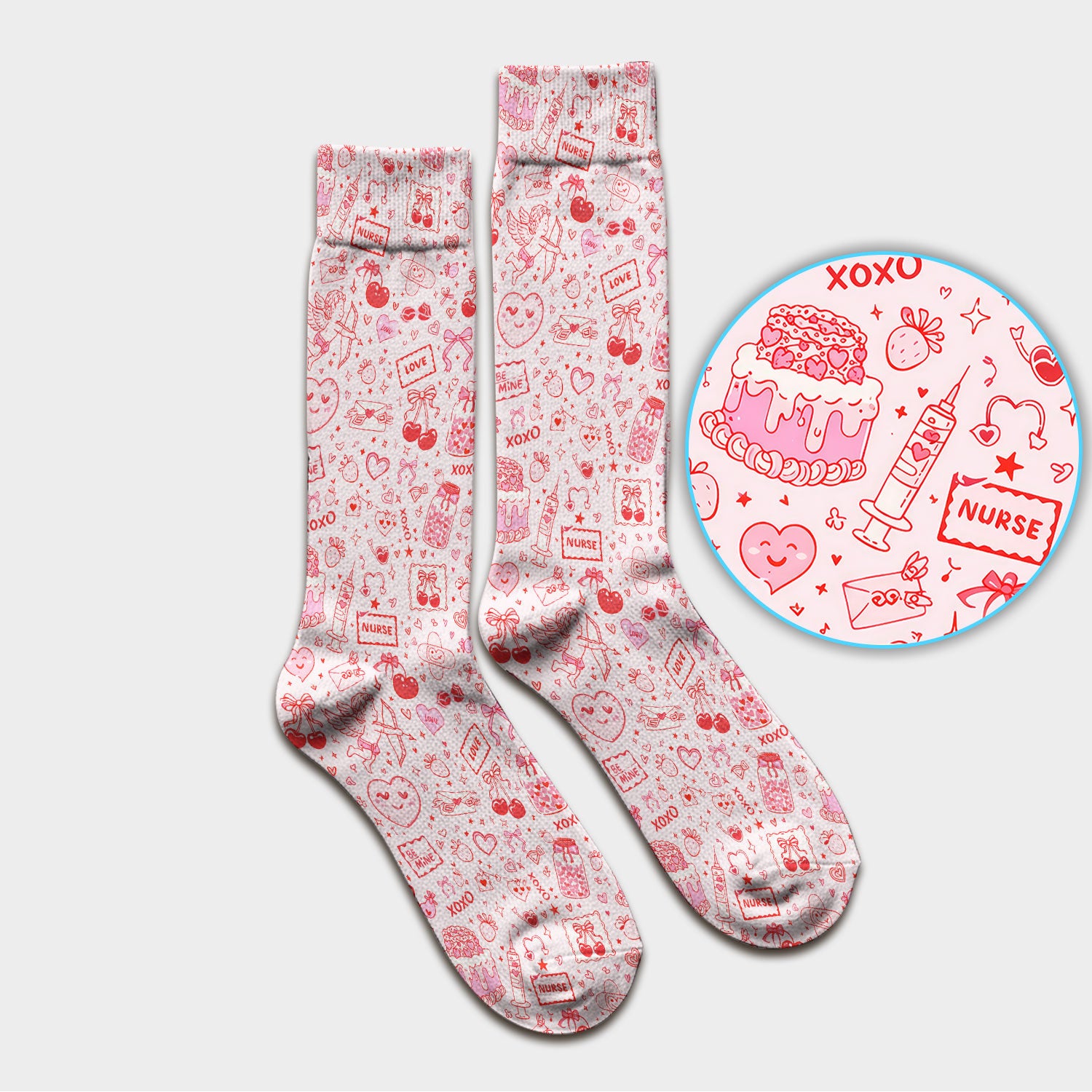 Valentine Pink XOXO Pattern Nurse Scrub Socks, Comfortable Uniform Scrubs For Nursing