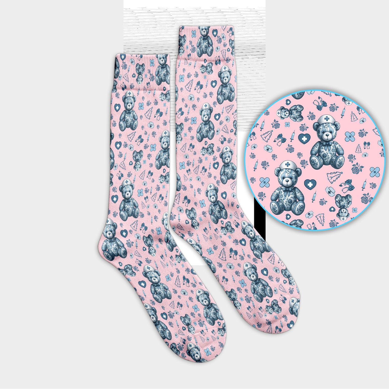 Toile Teddy Bear Socks for Nurse Doctor - Elegant Blue Toile de Jouy Adult Socks for Men and Women - Breathable Fabrics Medical Uniform