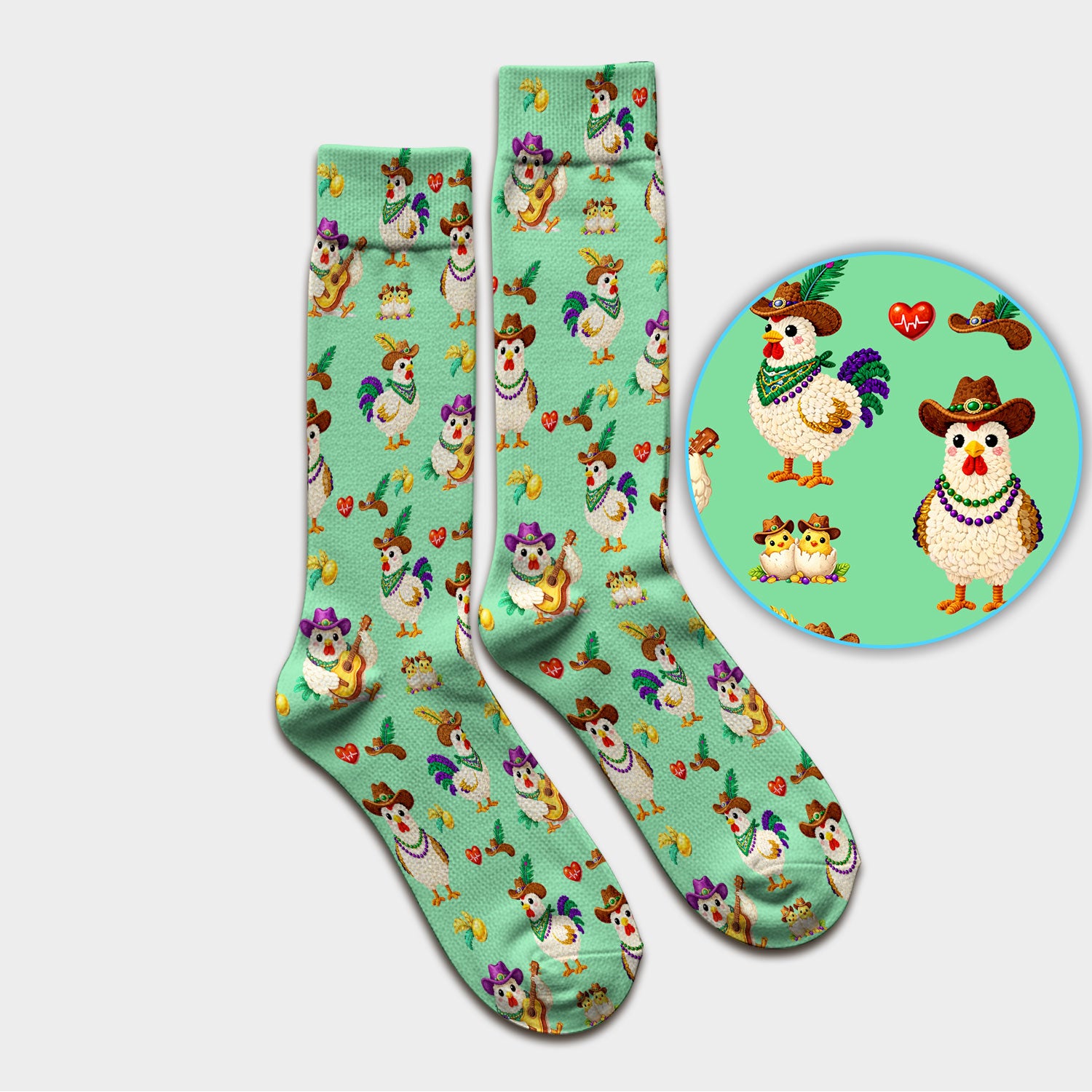 Funny Mardi Gras Rooster Cowboy Print Medical Socks, Socks for Nurse Doctor