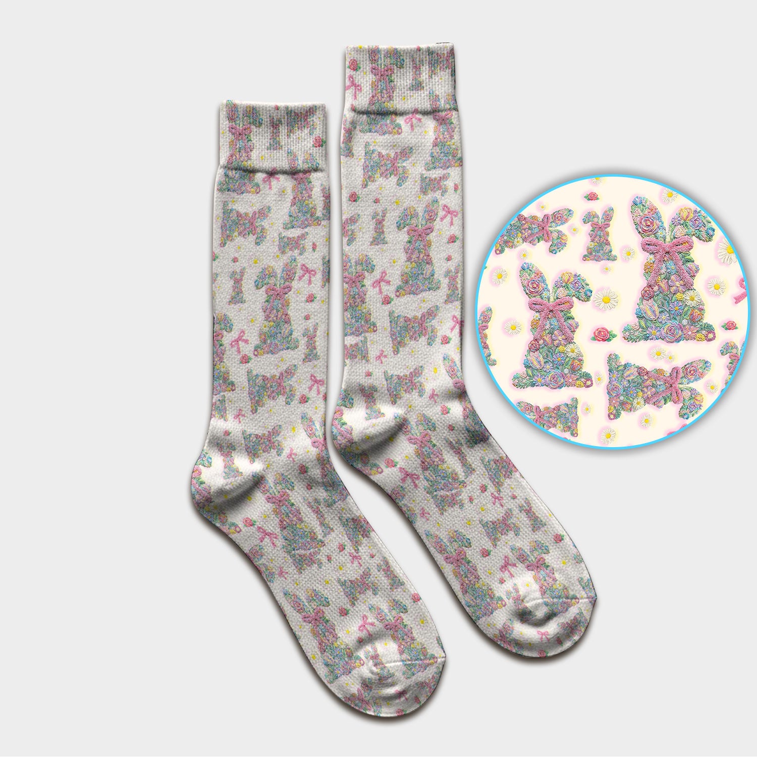 Colorful Floral Bunny with Pink Bow Pattern Socks, Breathable Fabrics Medical Uniform