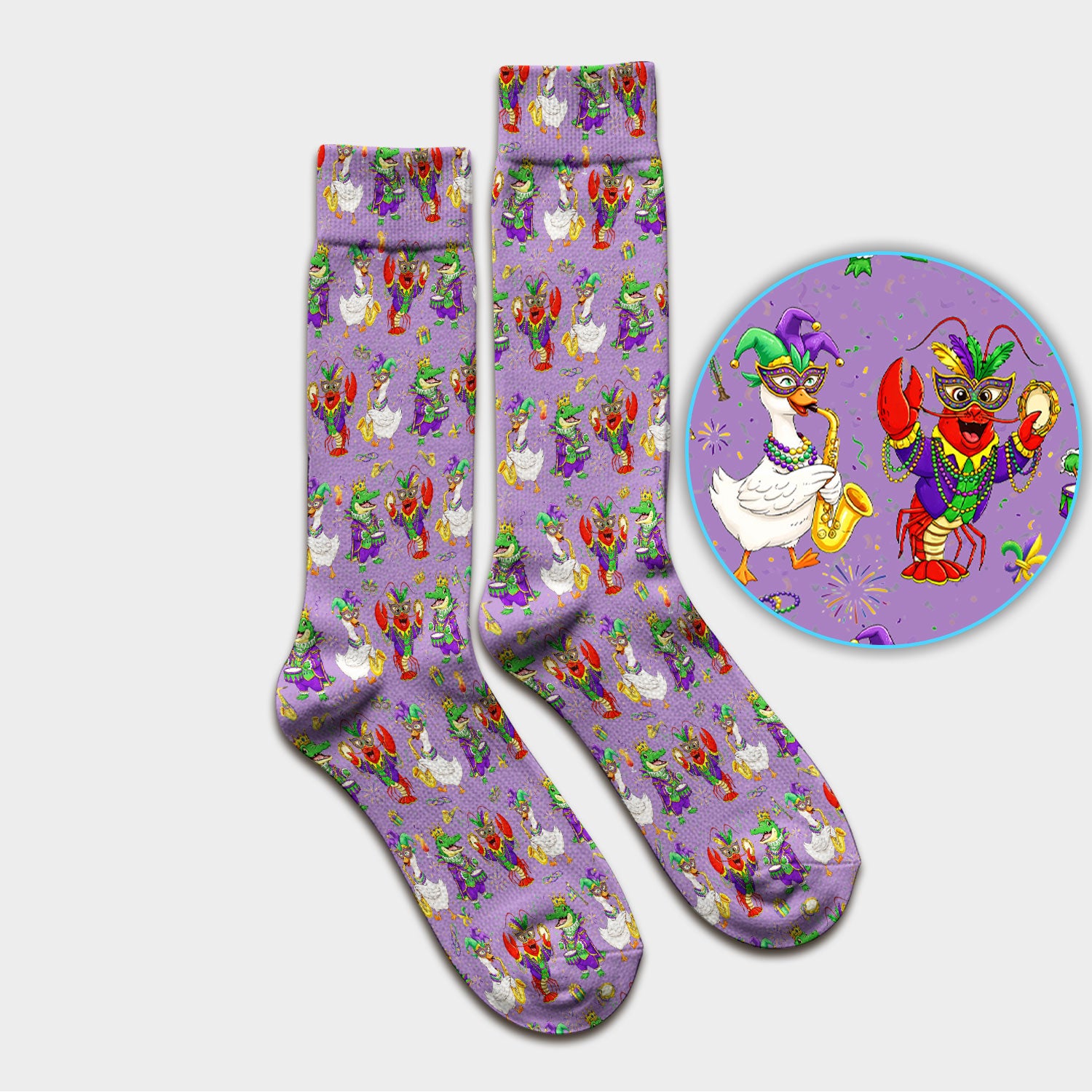 Crawfish And Duck Carnival Scrub Socks, Mardi Gras Parade Pattern Nurse Sock, Breathable Fabrics Nursing Uniform