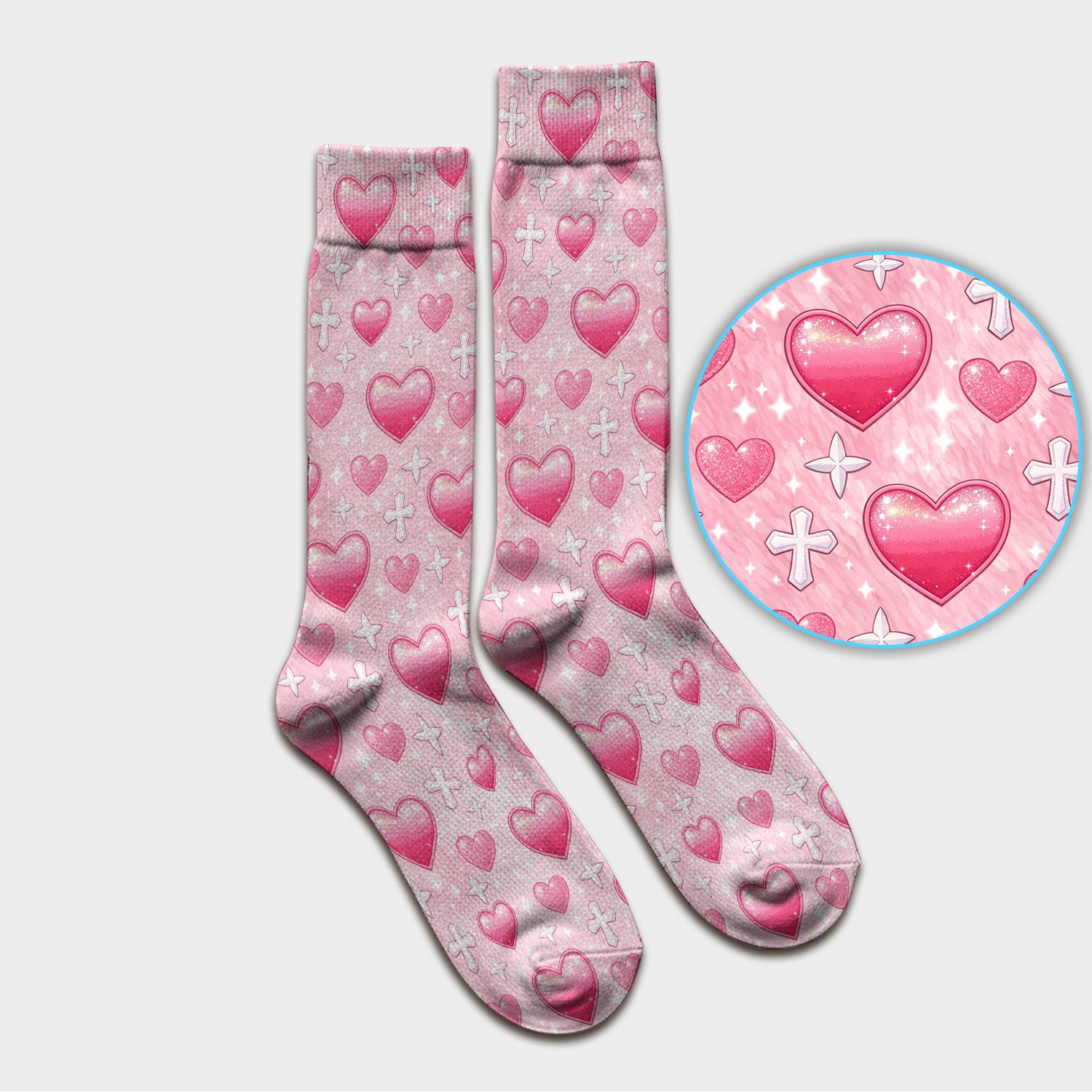Pink Heart & Cross Pattern Medical Socks, Breathable Fabrics Medical Uniform