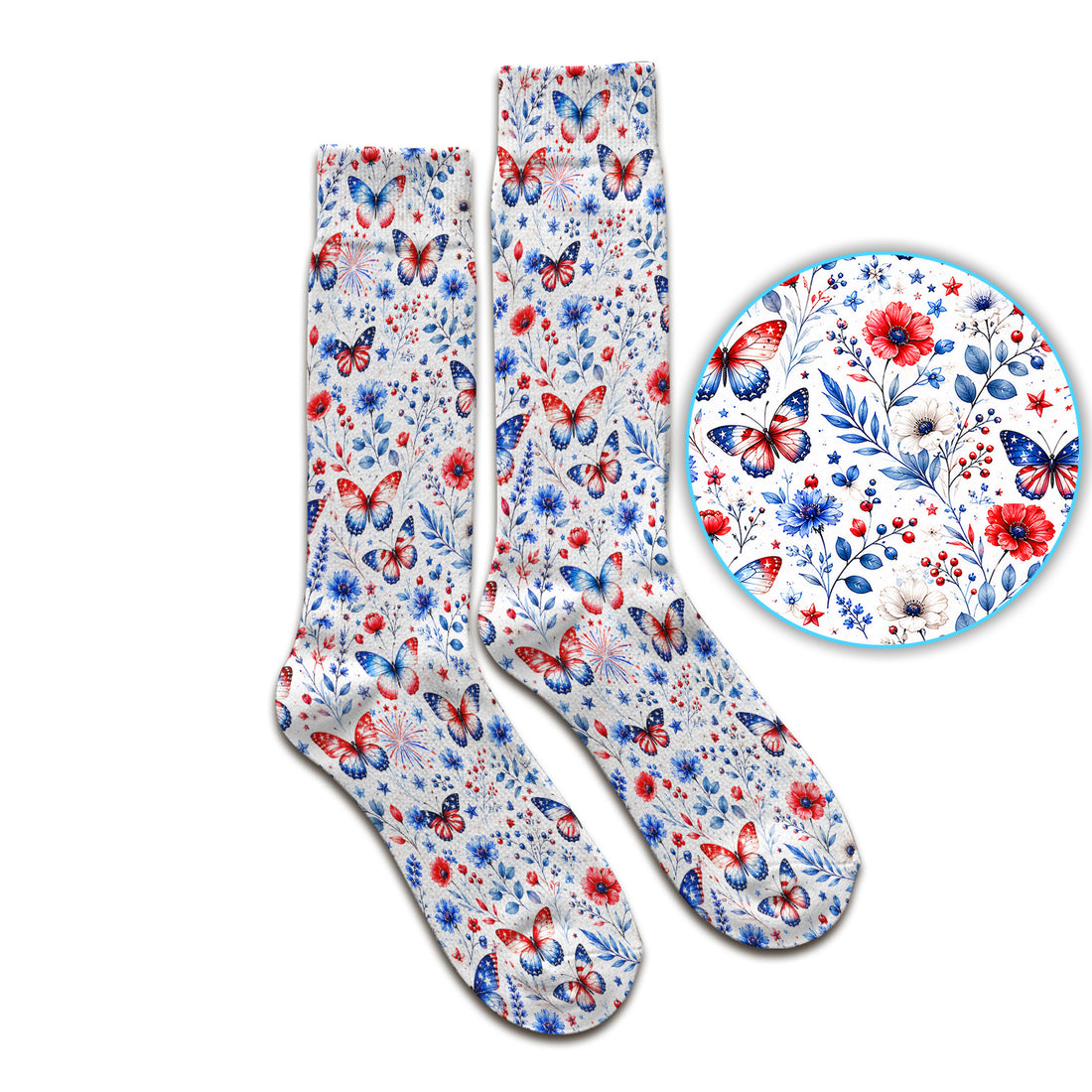 Patriotic Butterfly Fireworks Floral Pattern Socks, Adult Socks for Men and Women