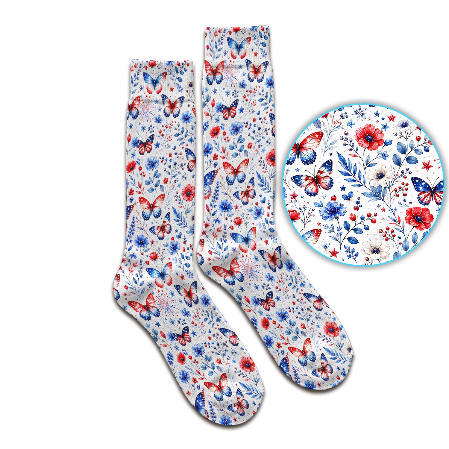 Patriotic Butterfly Fireworks Floral Pattern Socks, Adult Socks for Men and Women